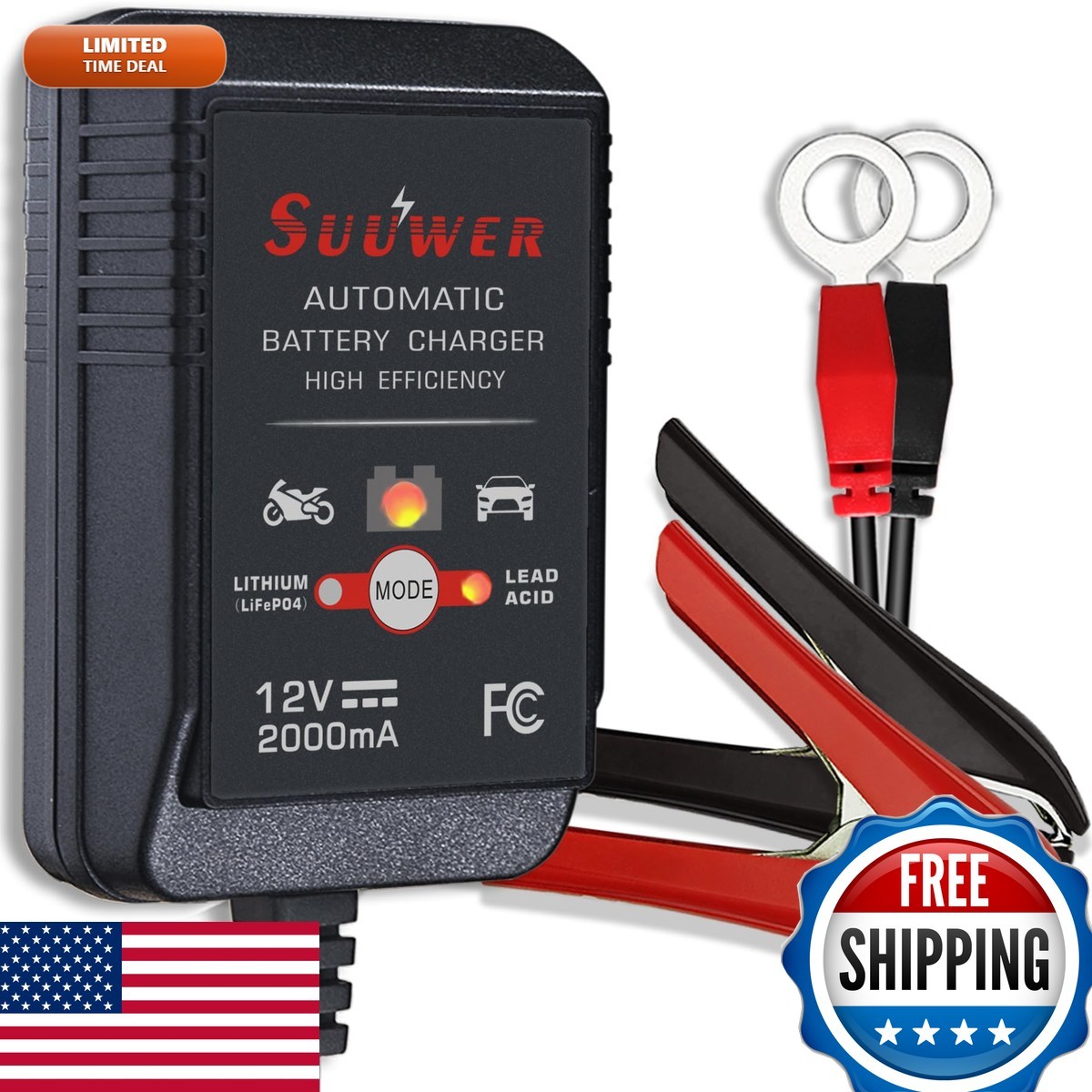 Suuwer 12V 2000mA Automatic Trickle Battery Charger Maintainer