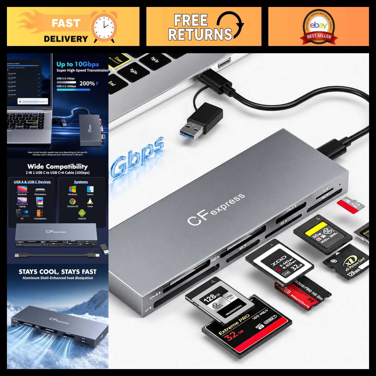 8-Slot CFexpress Type B & A Card Reader, USB 3.2 10Gbps Multi-Slot Adapter for X