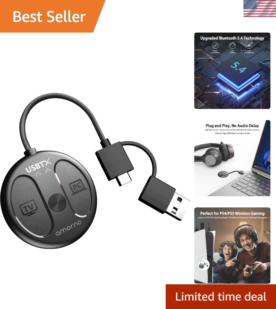 Dual Device Bluetooth 5.4 Audio Adapter for PS5, PC & Laptop - Compact Design