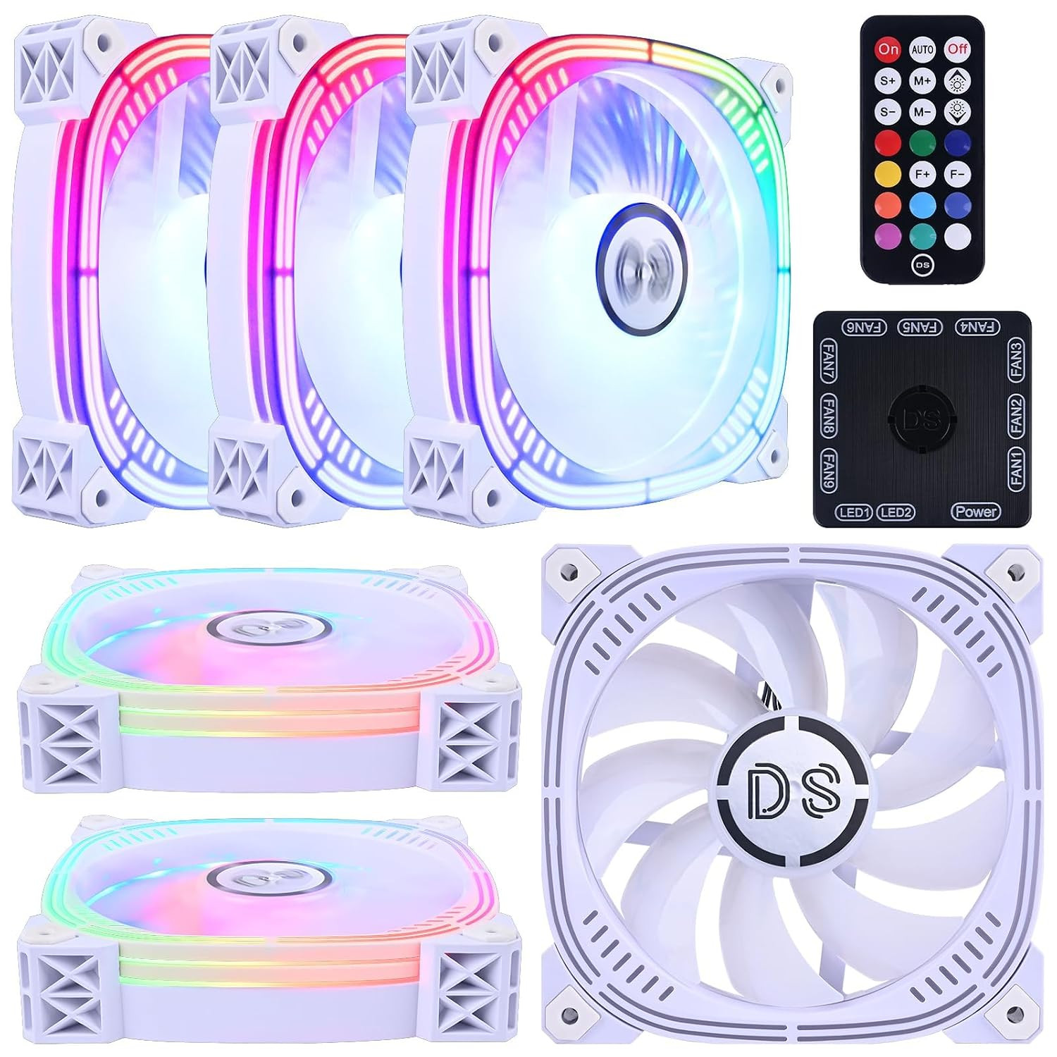 DS Addressable RGB 120MM LED Fans with 6PIN Remote Controller for White PC Case,