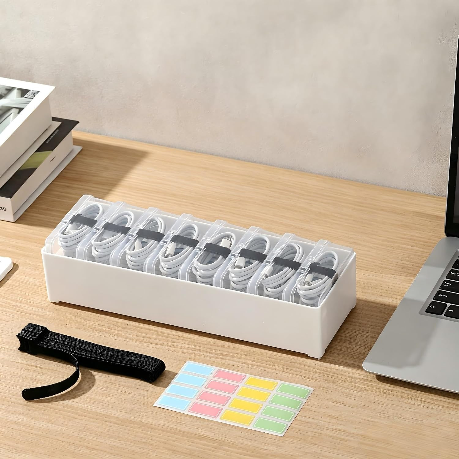 Large Cable Organizer Box with 8 Clear Switch Cases Desk Wire Storage White