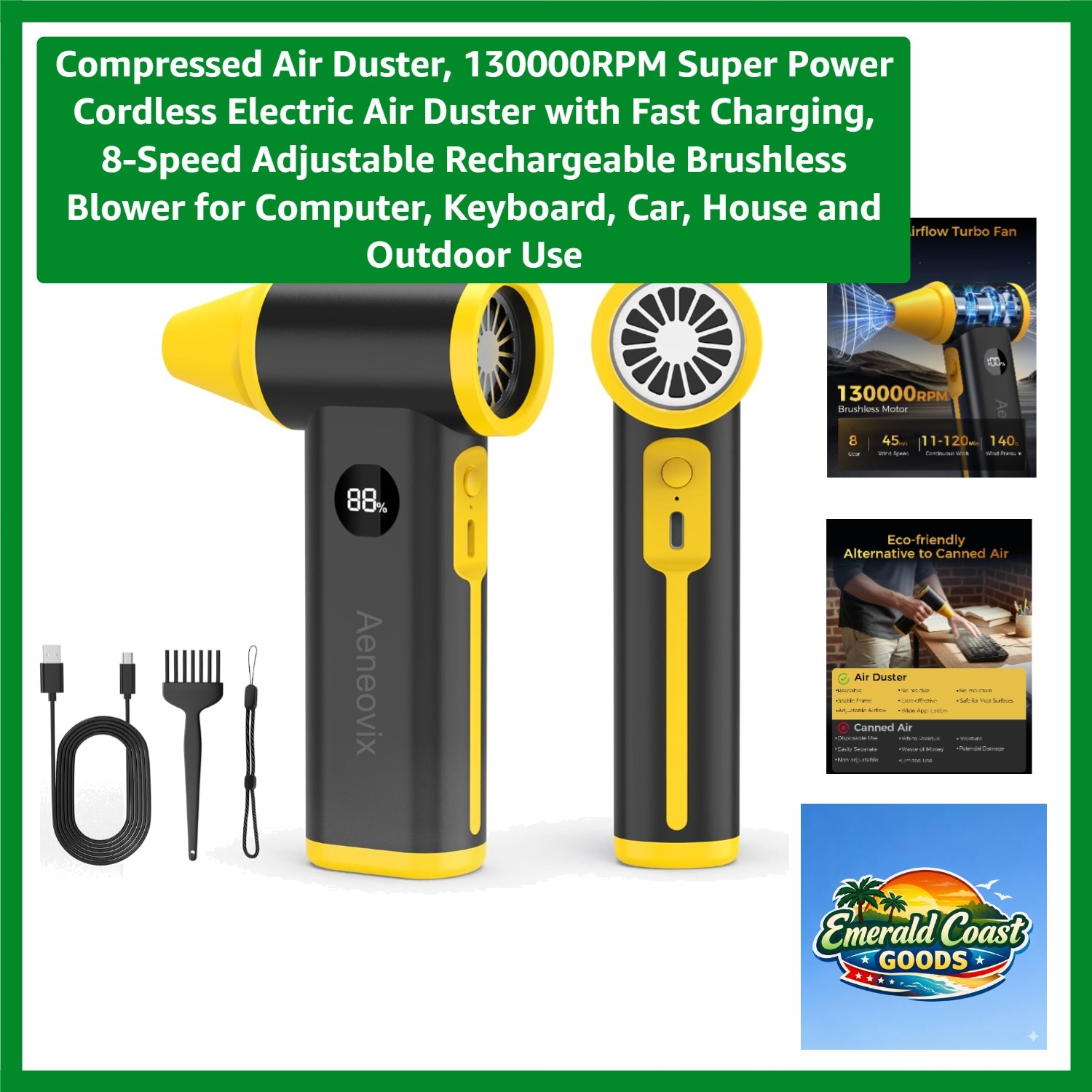 130,000 RPM Cordless Electric Air Duster - Lightweight with Fast Charging