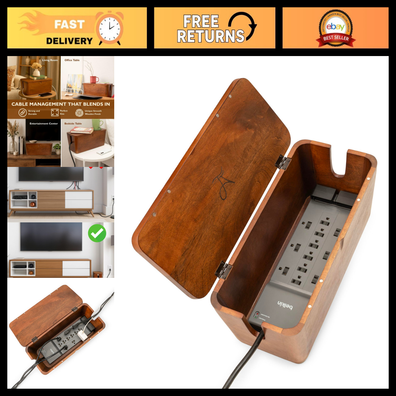 Extra Large Cable Management Box - Power Strip & Cord Hider, Desk Organizer, Tid