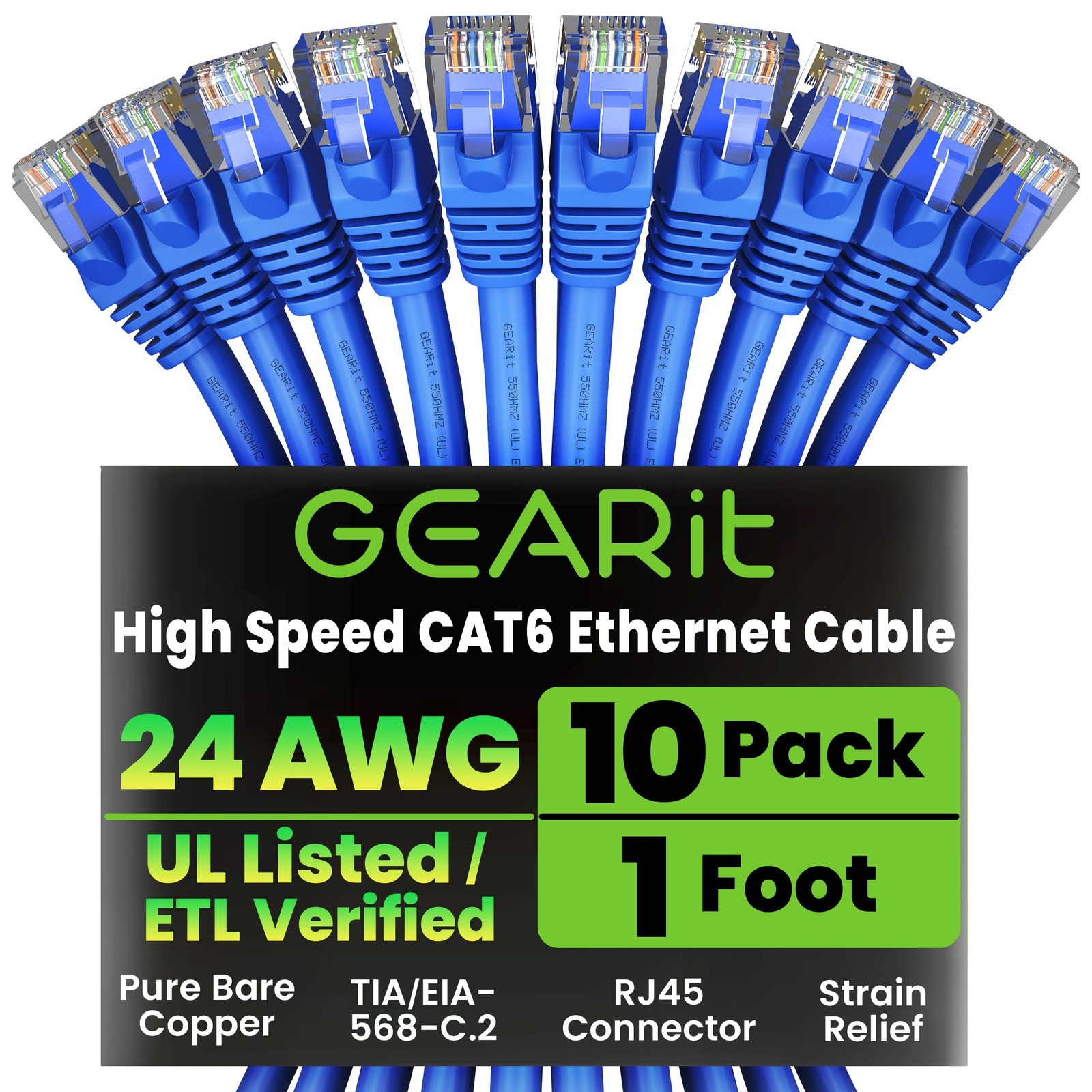 10 Pack Cat 6 Ethernet Cable 1 Ft Patch 10Gbps Snagless Gold Plated Blue