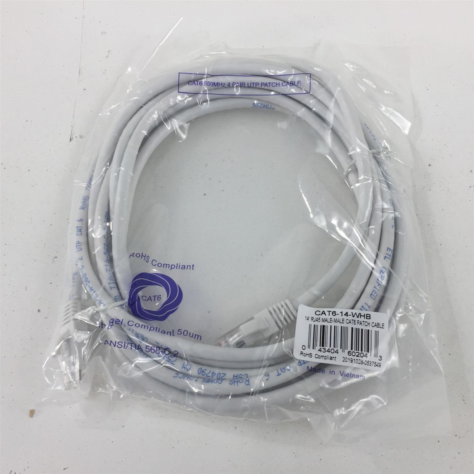 Lynn Electronics CAT6-14-WHB 14' RJ45 Male-Male CAT6 Patch Cable Gray