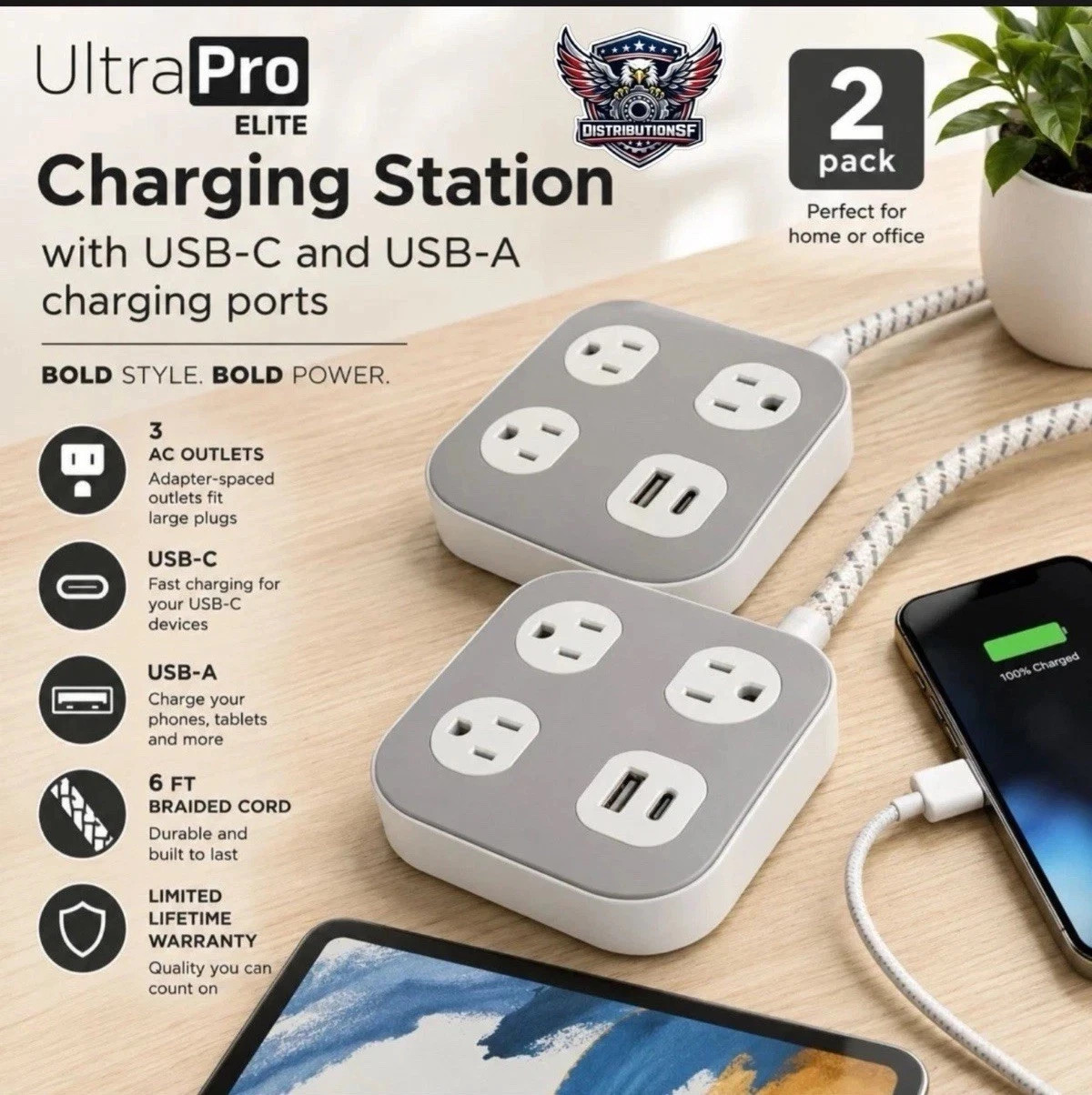 UltraPro Elite Charging Station USB-C USB-A 6ft Cord 2-Pack Power Strip Hub