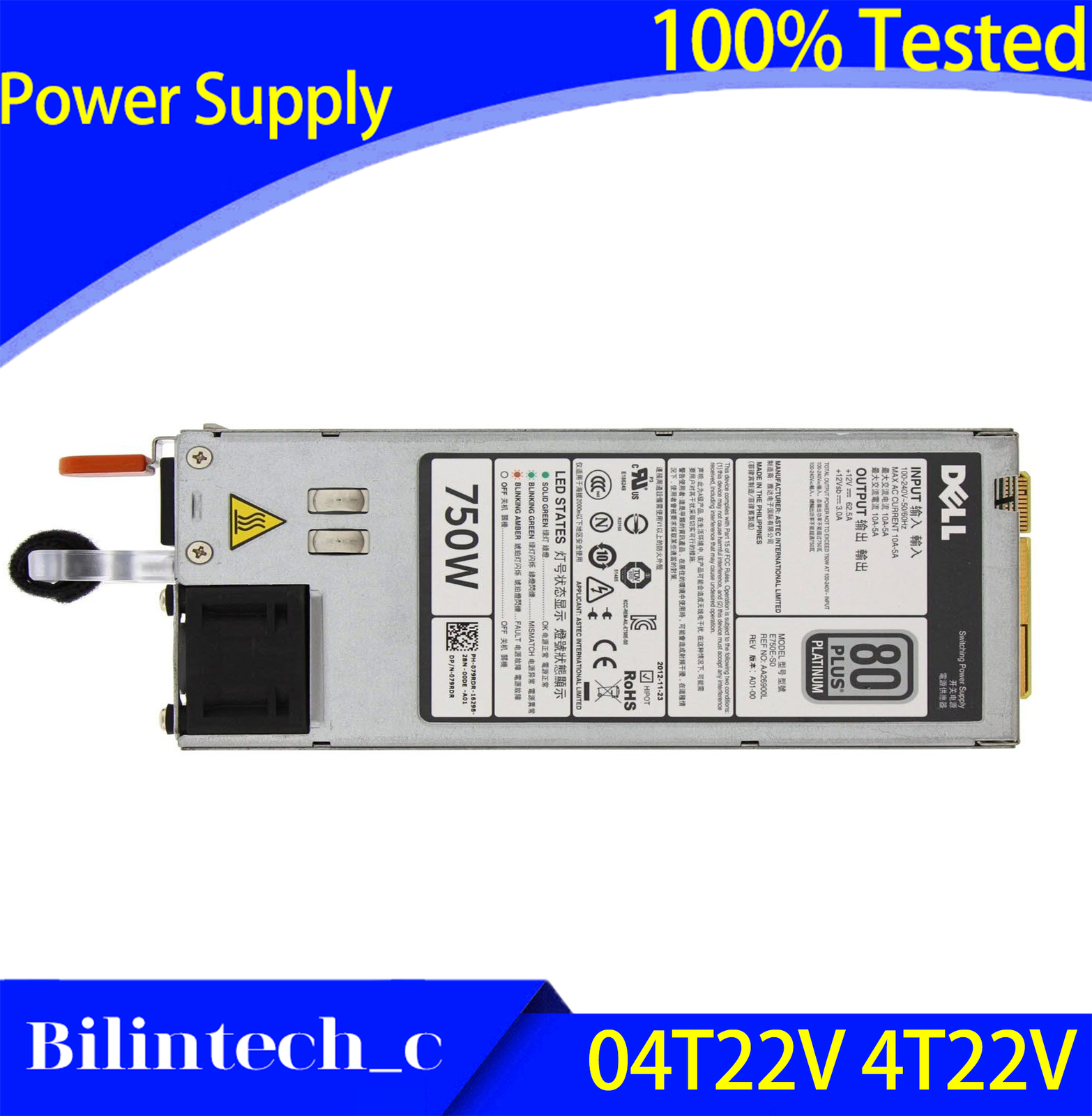 FOR DELL R510 R515 R910 T710 Power Supply 750W 4T22V 04T22V
