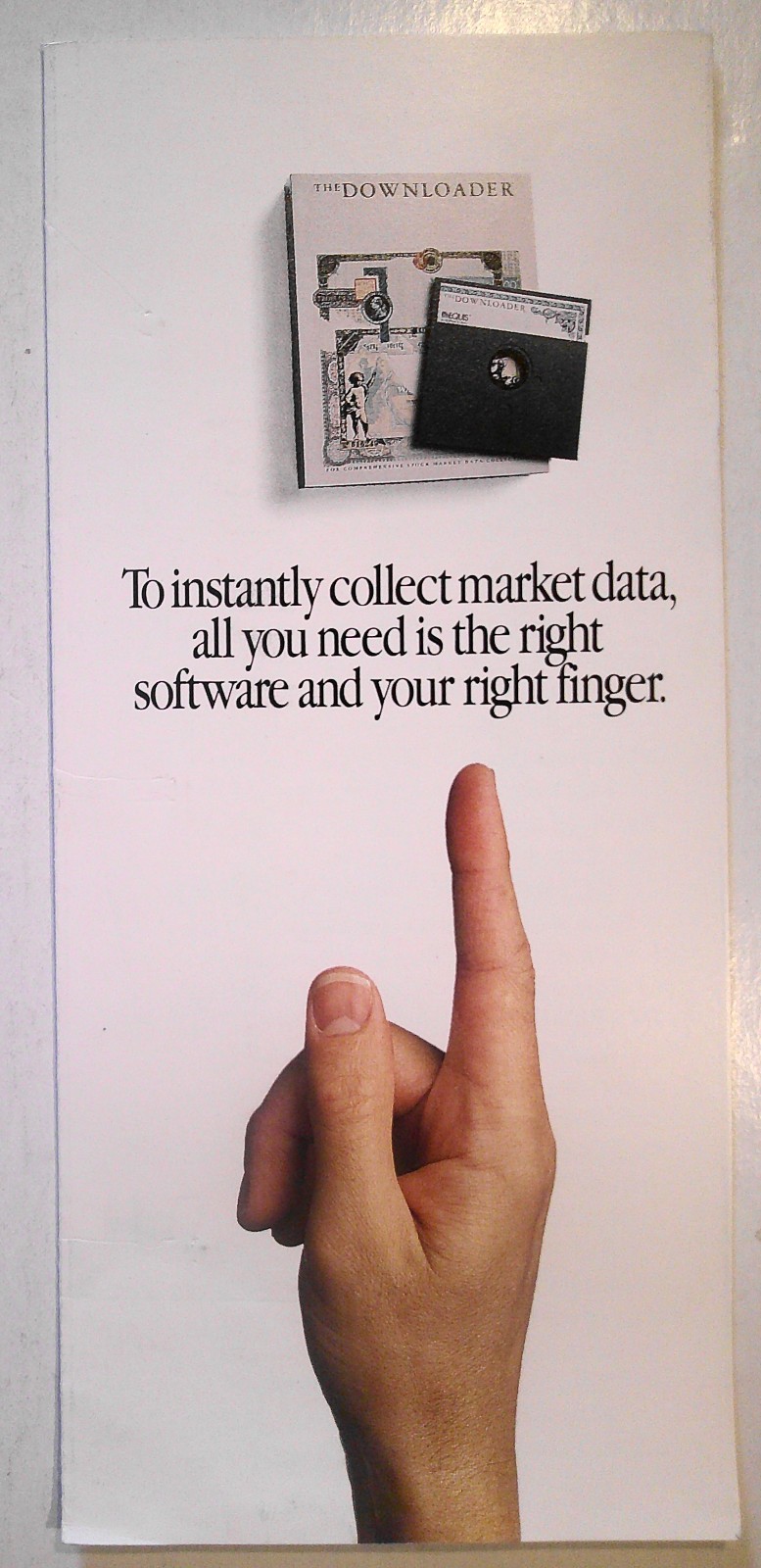 The DownLoader by Equis International 1989 brochure. Stock market data on IBM PC