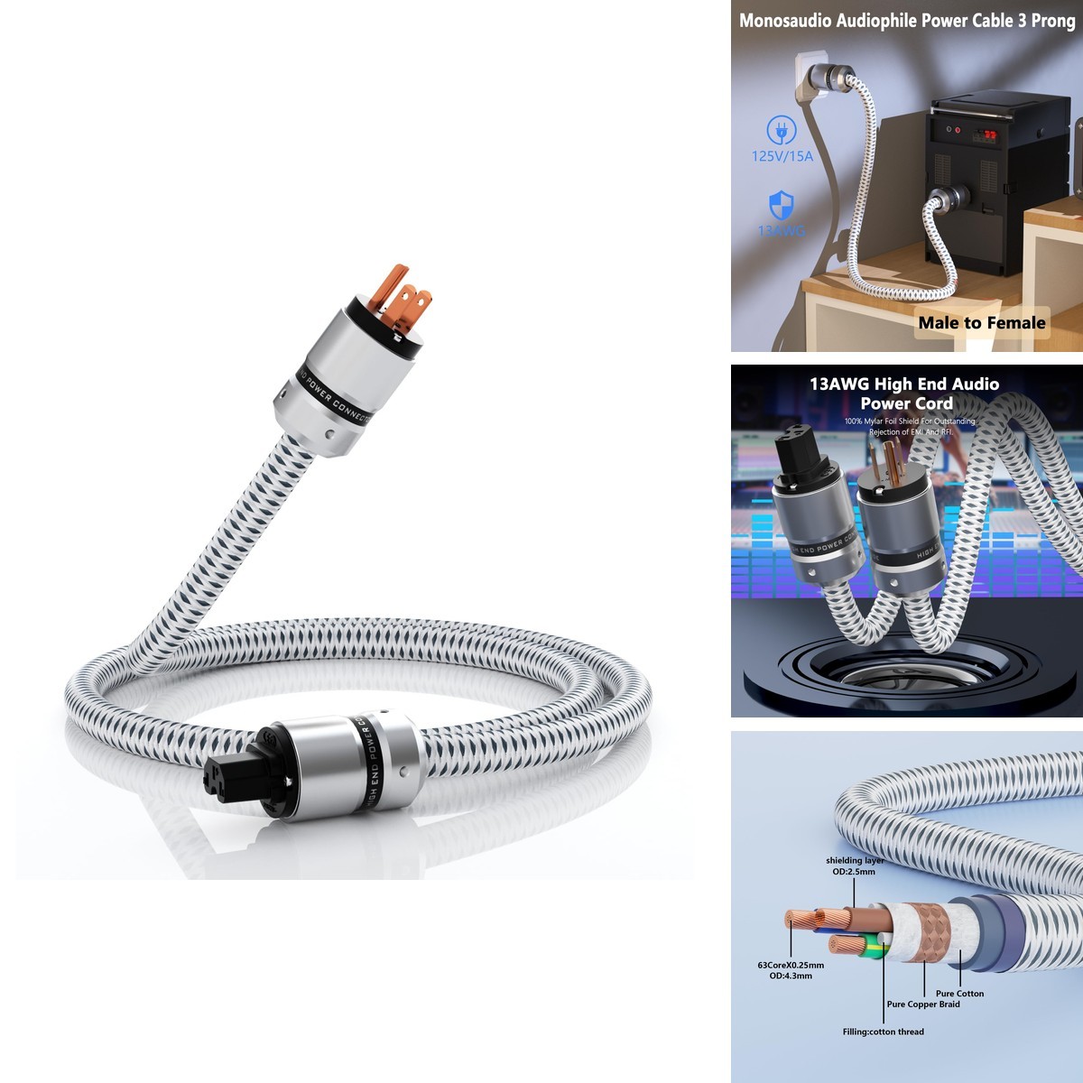 12AWG Audiophile HiFi Power Cord Pure Copper IEC320 C13 Connector 2M