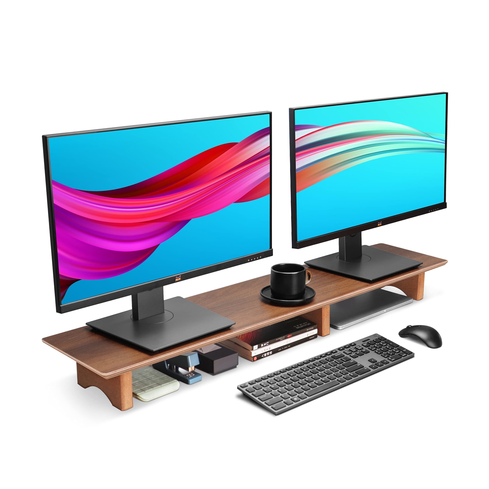 Aothia Large Dual Monitor Stand Riser, Solid Wood Desk Shelf with Eco Cork Le...