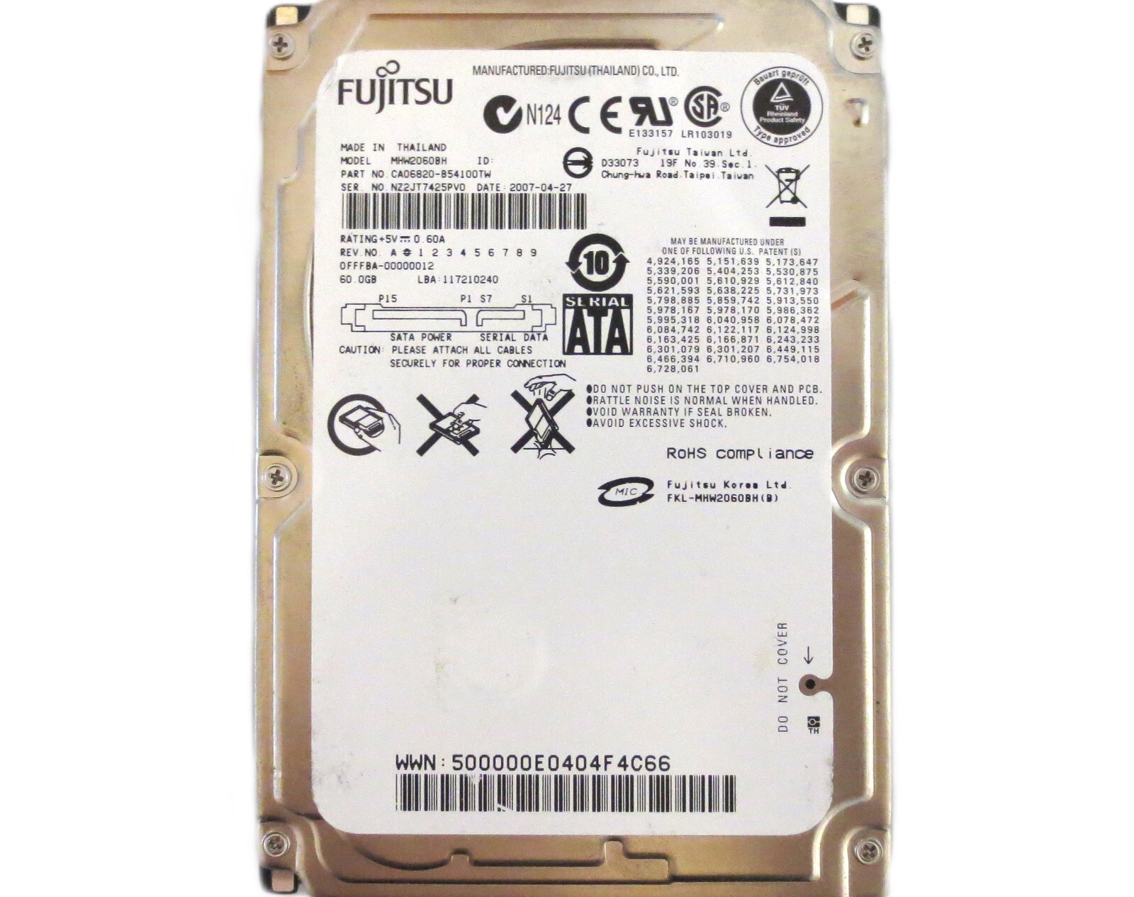 Fujitsu MHW2060BH CA06820-B54100TW 0FFFBA-00000012 (NZ2) Thailand 60gb 2007