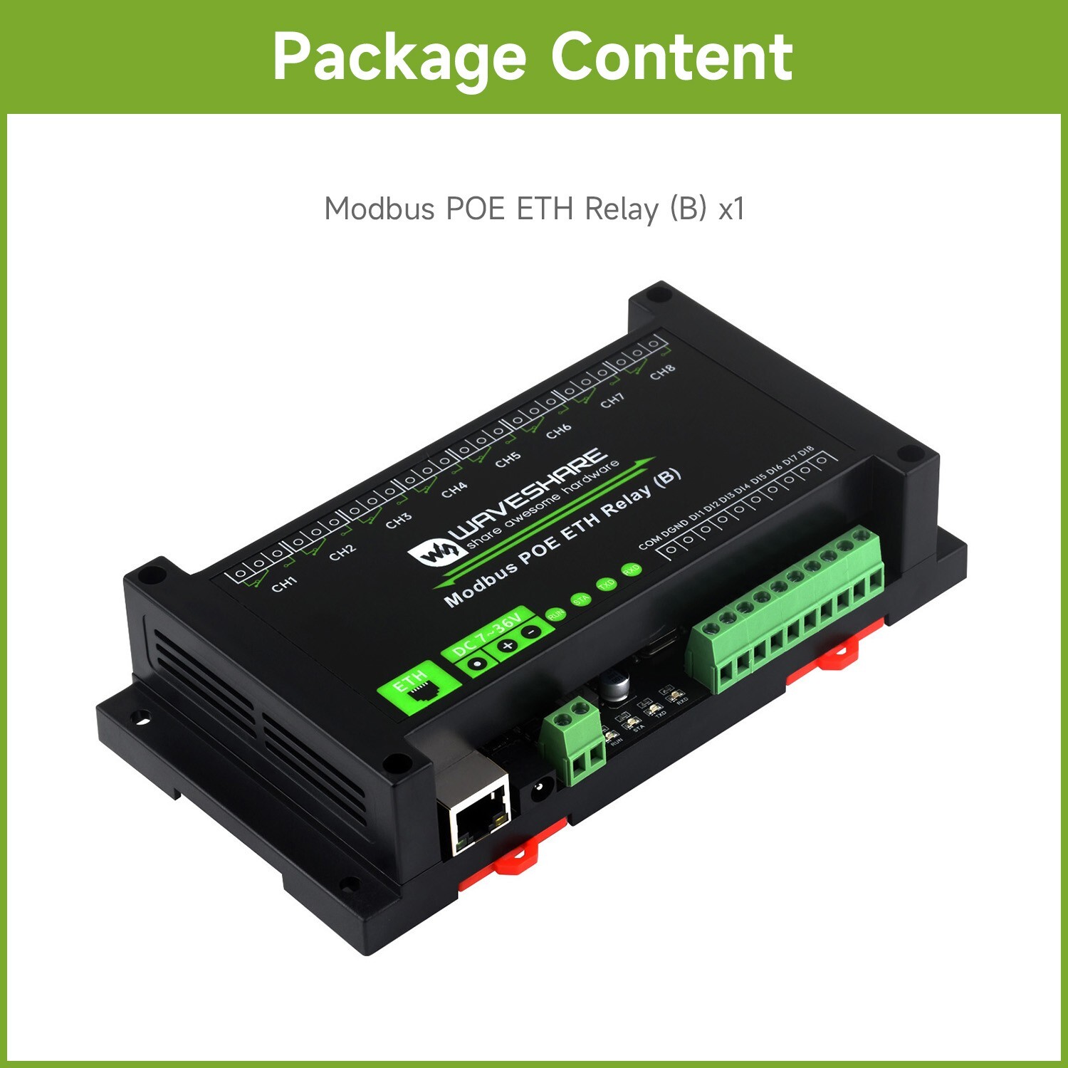 Waveshare 8-ch Ethernet Relay Module (B)With Digital Input Modbus RTU/Modbus TCP