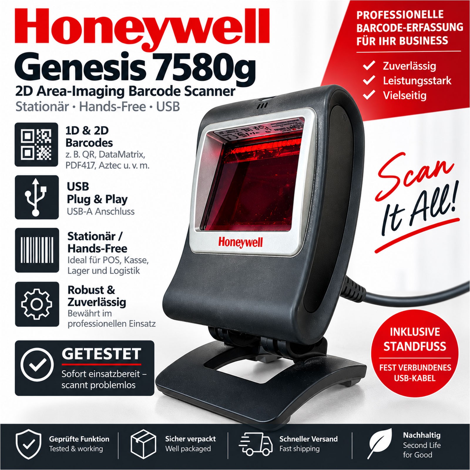 Honeywell Genesis 7580g 2D Barcode Scanner - USB - Stand - Tested
