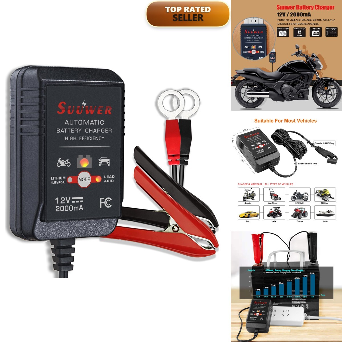 Suuwer 12V 2000mA Automatic Trickle Battery Charger Maintainer