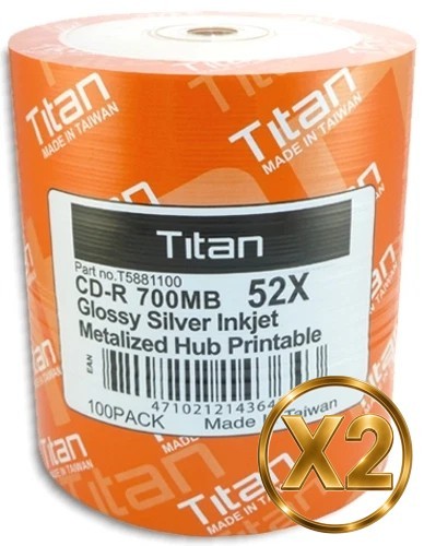200-Pak =SEMI-GLOSSY= Titan 52X 80-Min Silver Inkjet Hub CD-R's, Titan T5881100