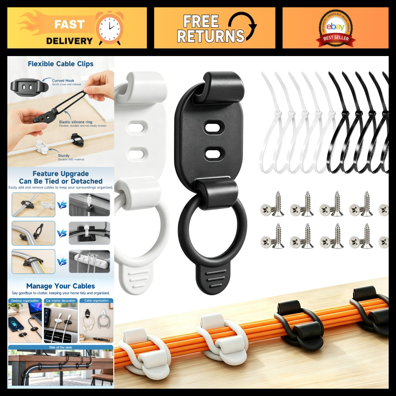 Adjustable Cable Management Clips - 10 Sets, Self-Adhesive Cord Organizer, Reusa