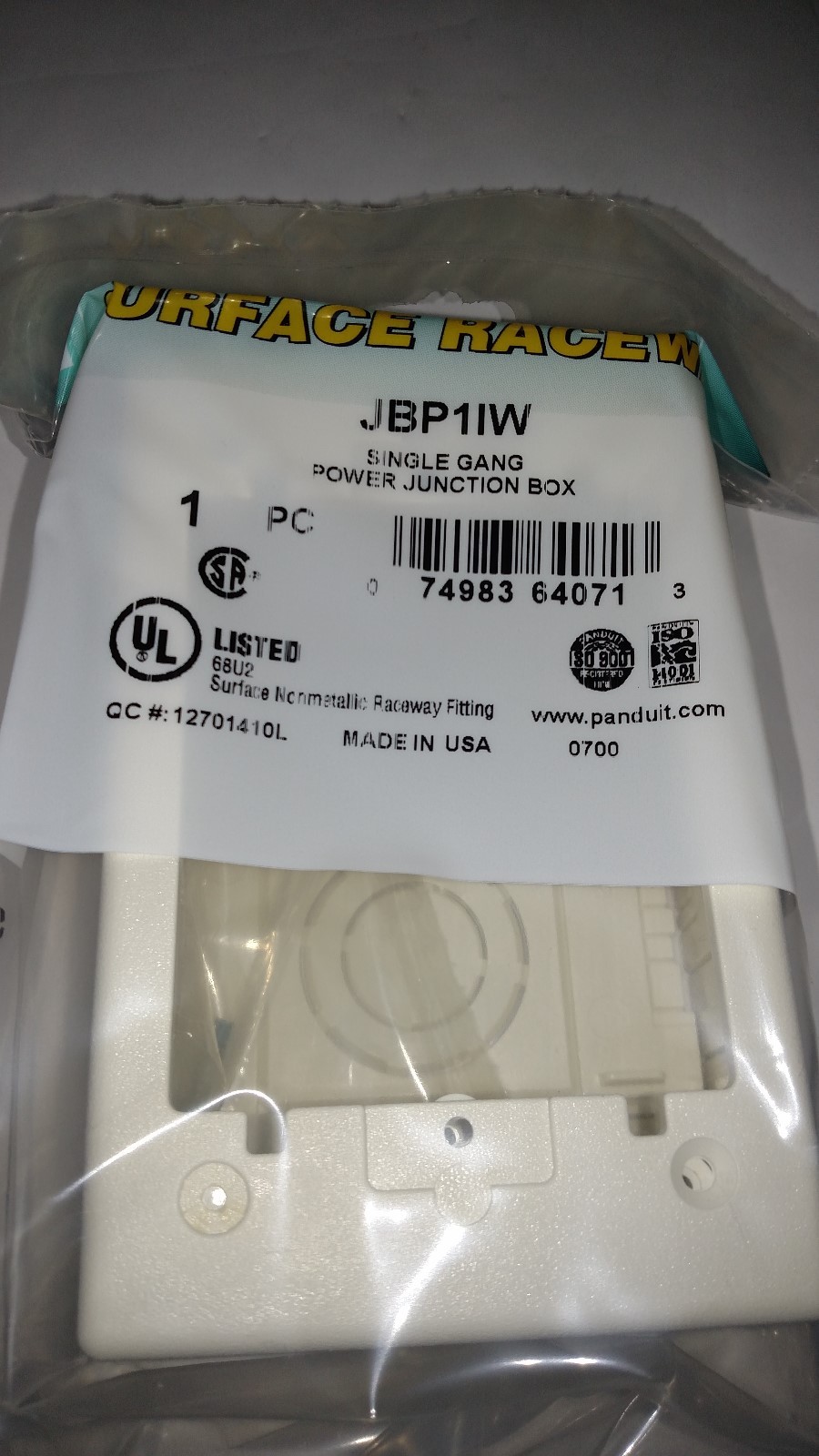 Panduit JBP1IW Pan-Way® Power Rated 1-Gang Two-Piece Junction Box; PVC, Int