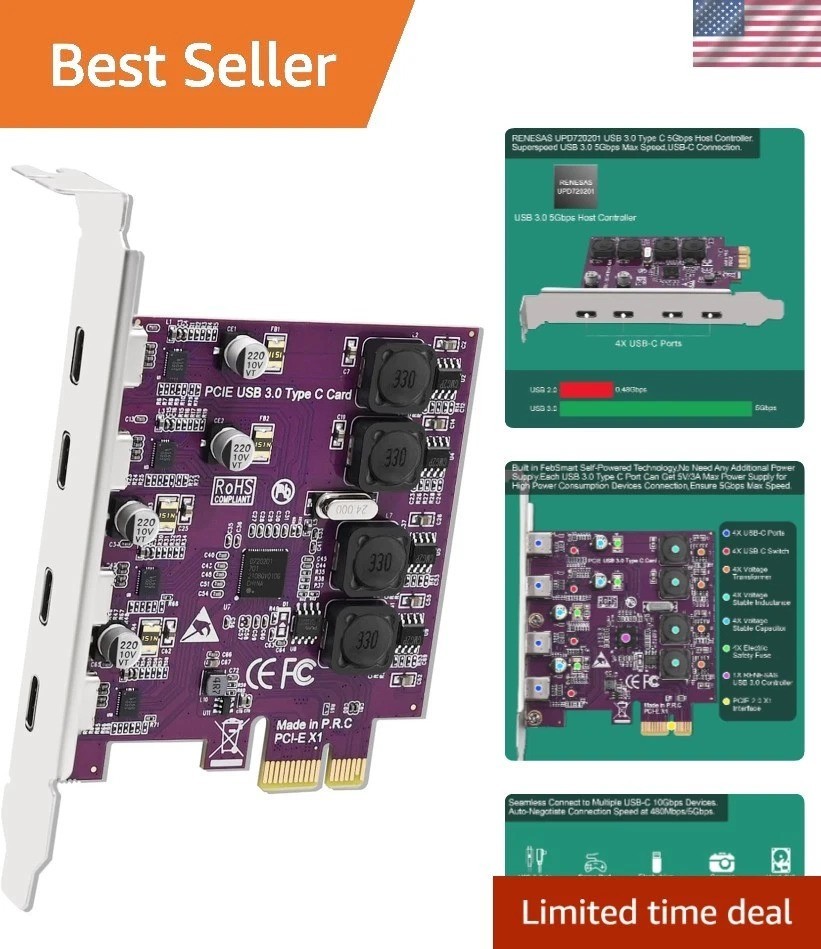Upgrade Your Desktop: 4X USB-C 5Gbps PCIe Expansion Card for High-Speed Data