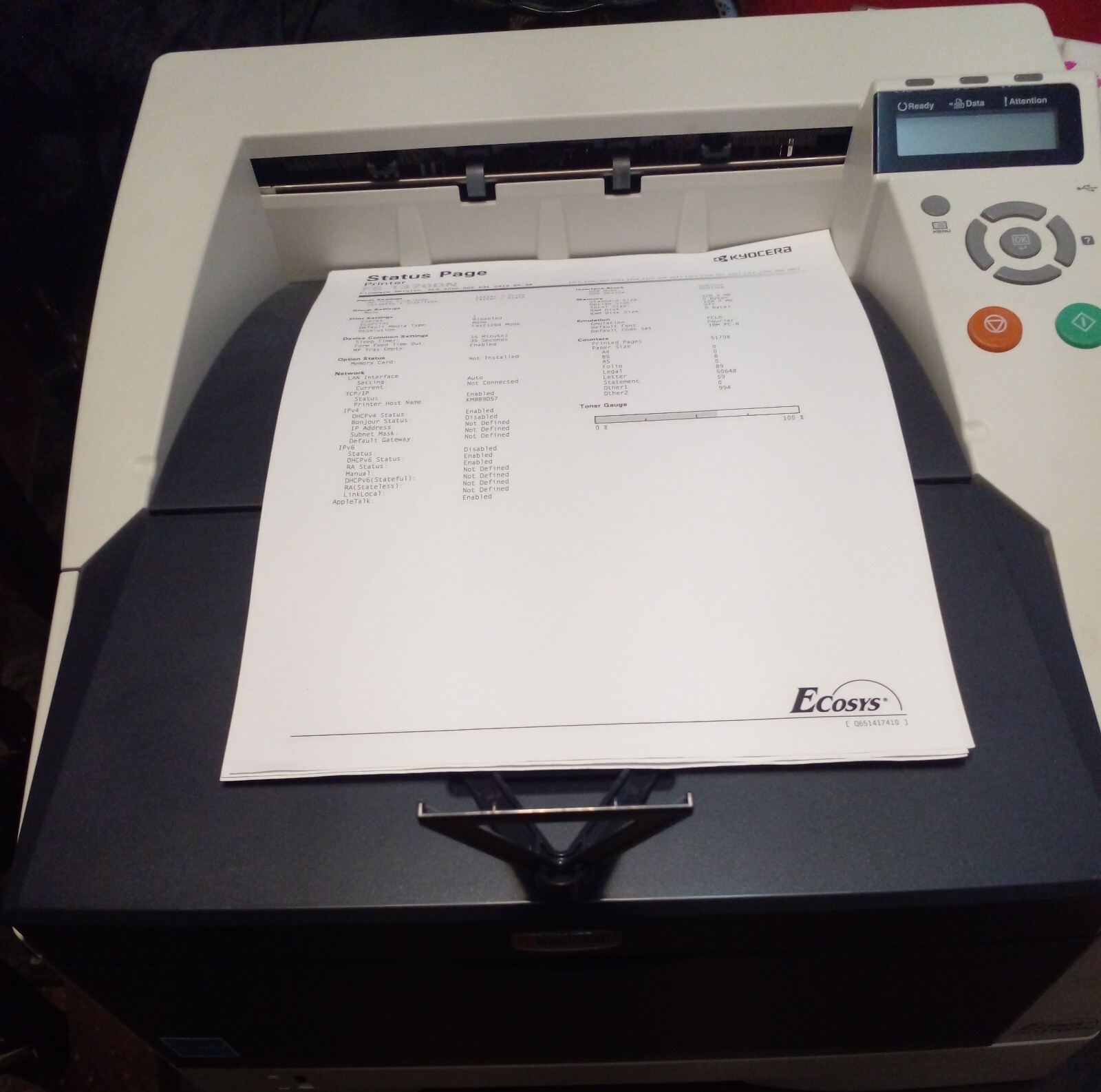 Kyocera Ecosys FS-1370DN Workgroup Laser Printer/UseToner -Power & Network Cable