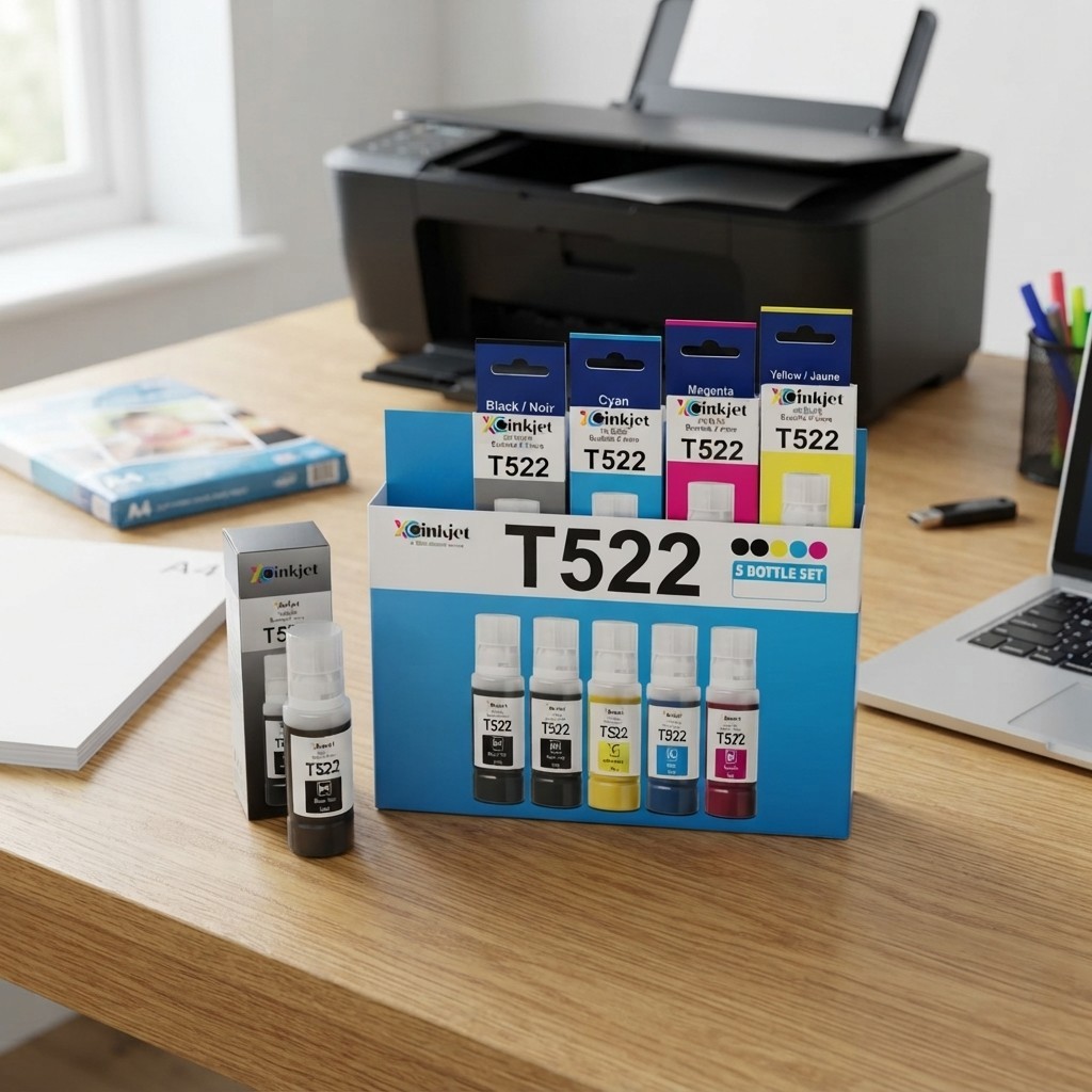 T522 Ink Bottle Set for Eco Tank - 4 Bottles with Mess-Free Design & High Yield
