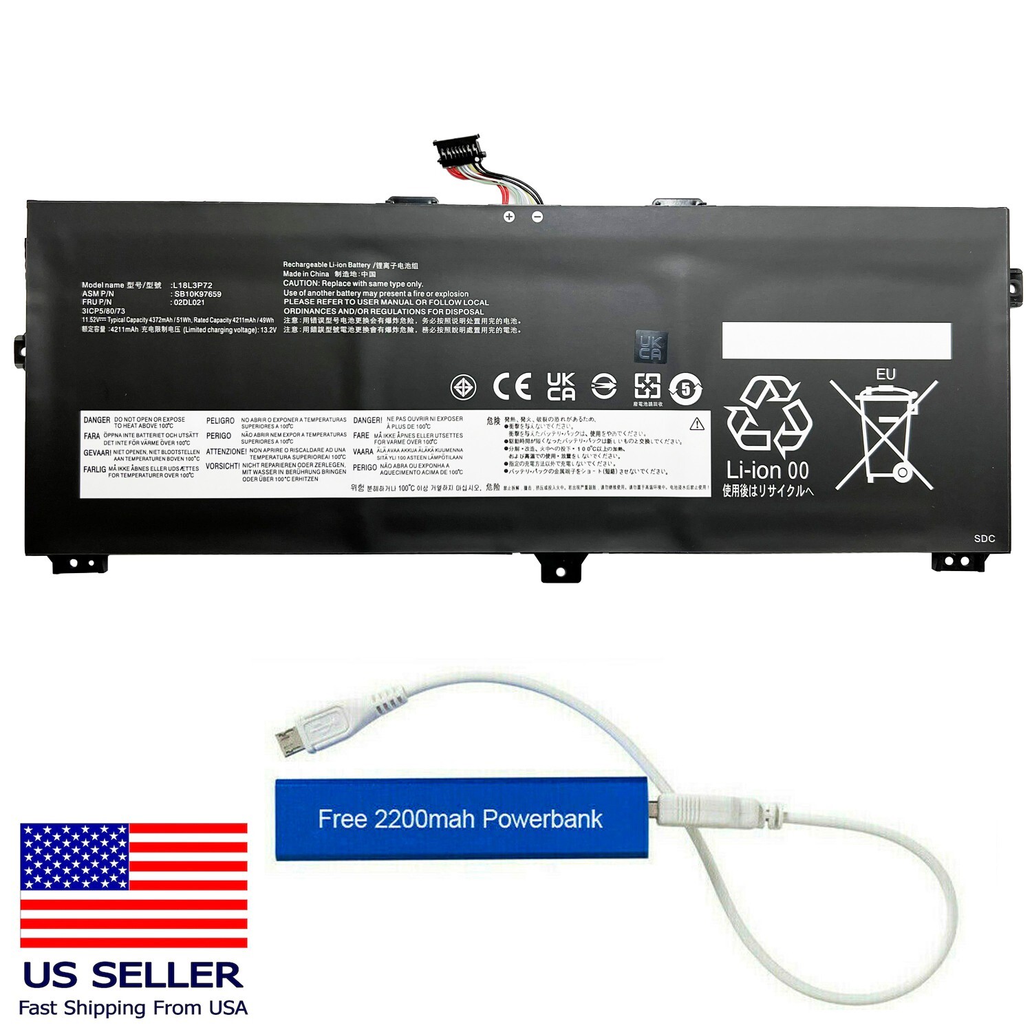 L18M3P72 REPLACEMENT BATTERY FOR LENOVO YOGA X390 L18L3P72 02DL021 5B10W13927