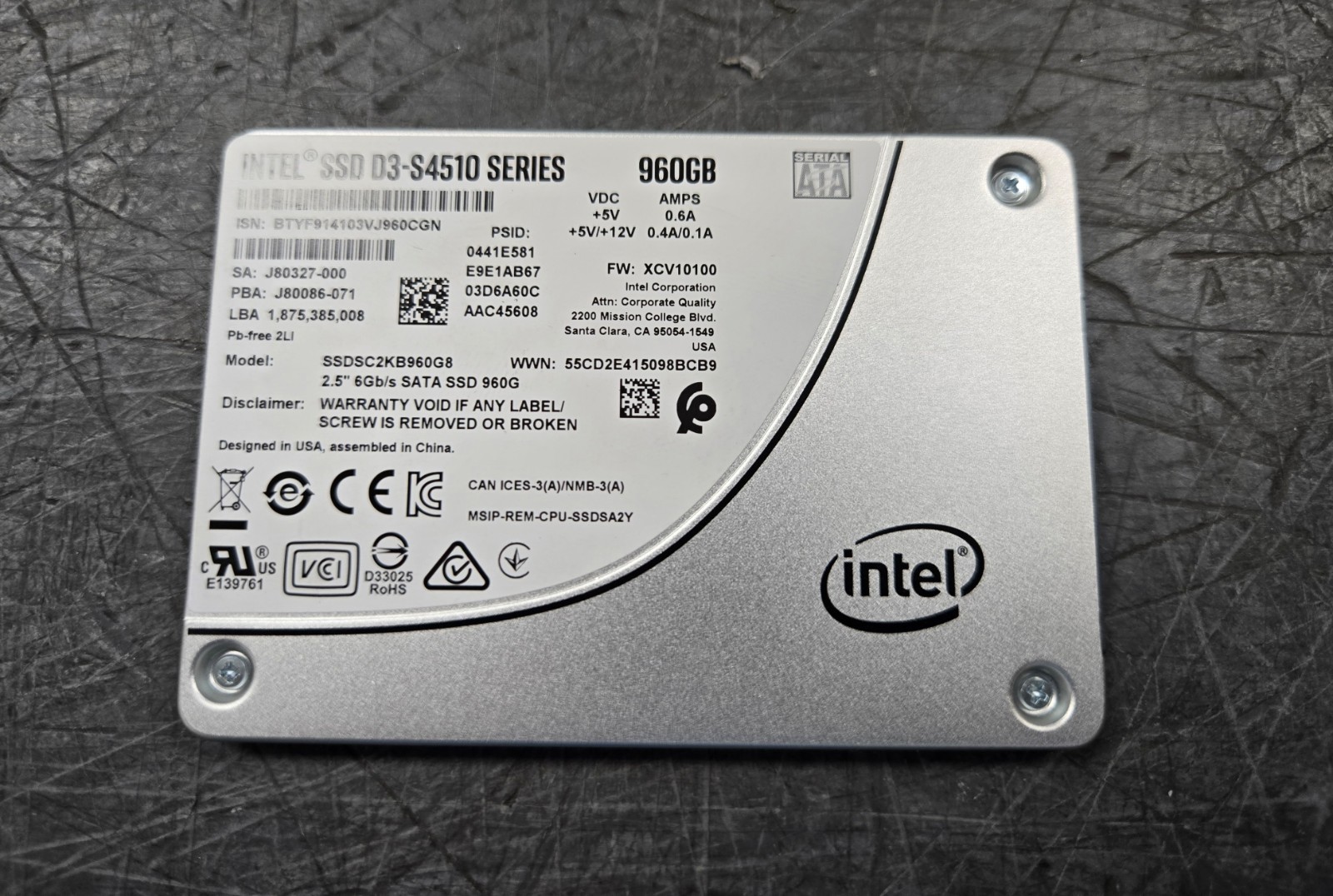 Intel SSDSC2KB960G8 960gb ssd  sata 2.5 6g s4510
