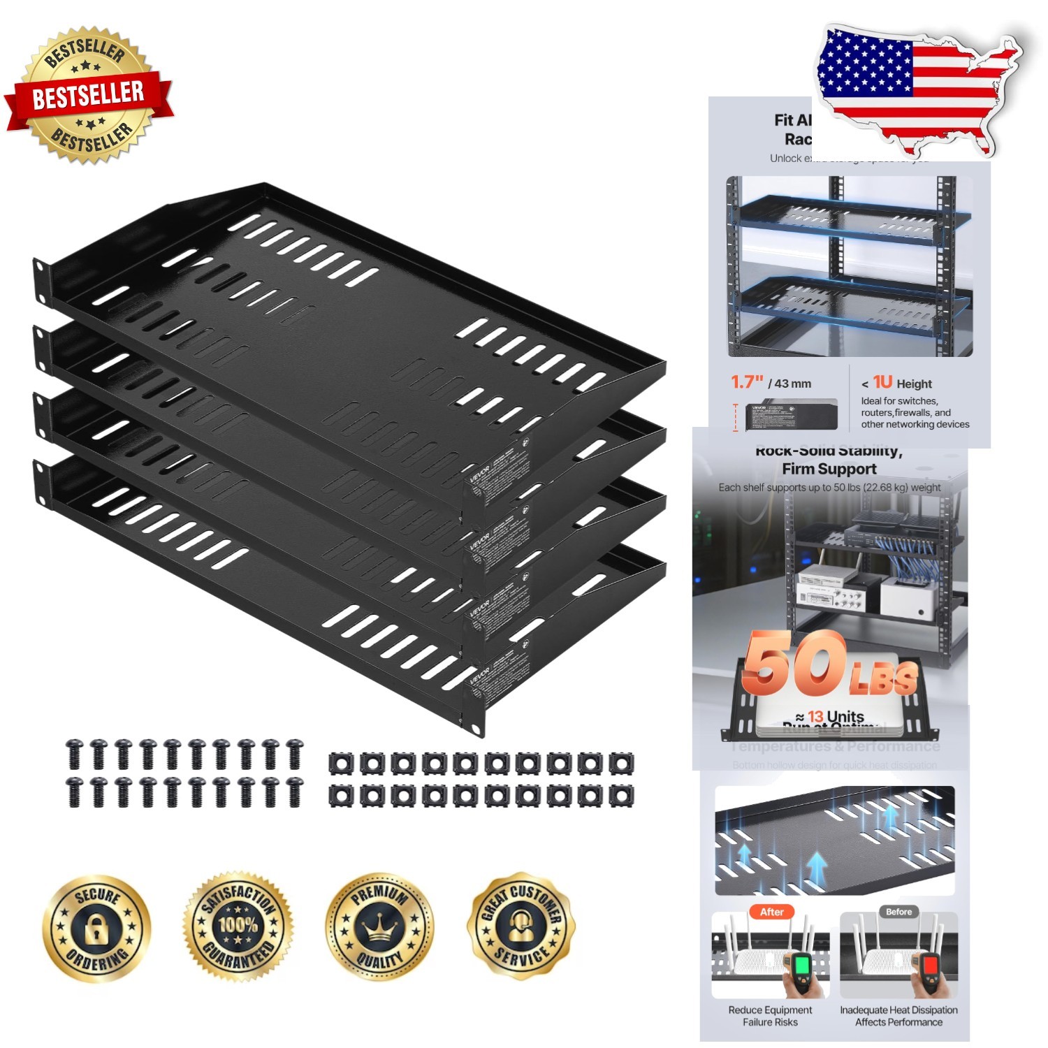 Universal 1U Server Rack Shelf 4pk - 10" Deep Vented Network Mount Tray - Black
