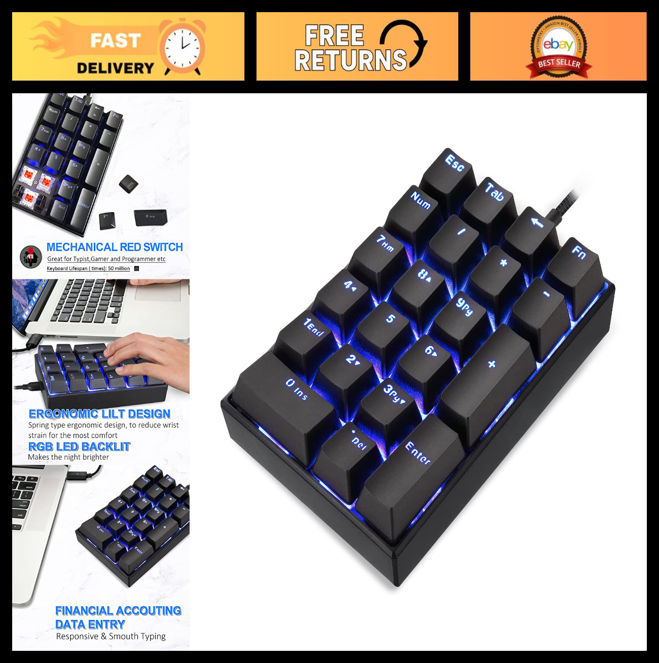 "21-Key Wired Mechanical Numeric Keypad - Portable Gaming Numpad with Red Switch