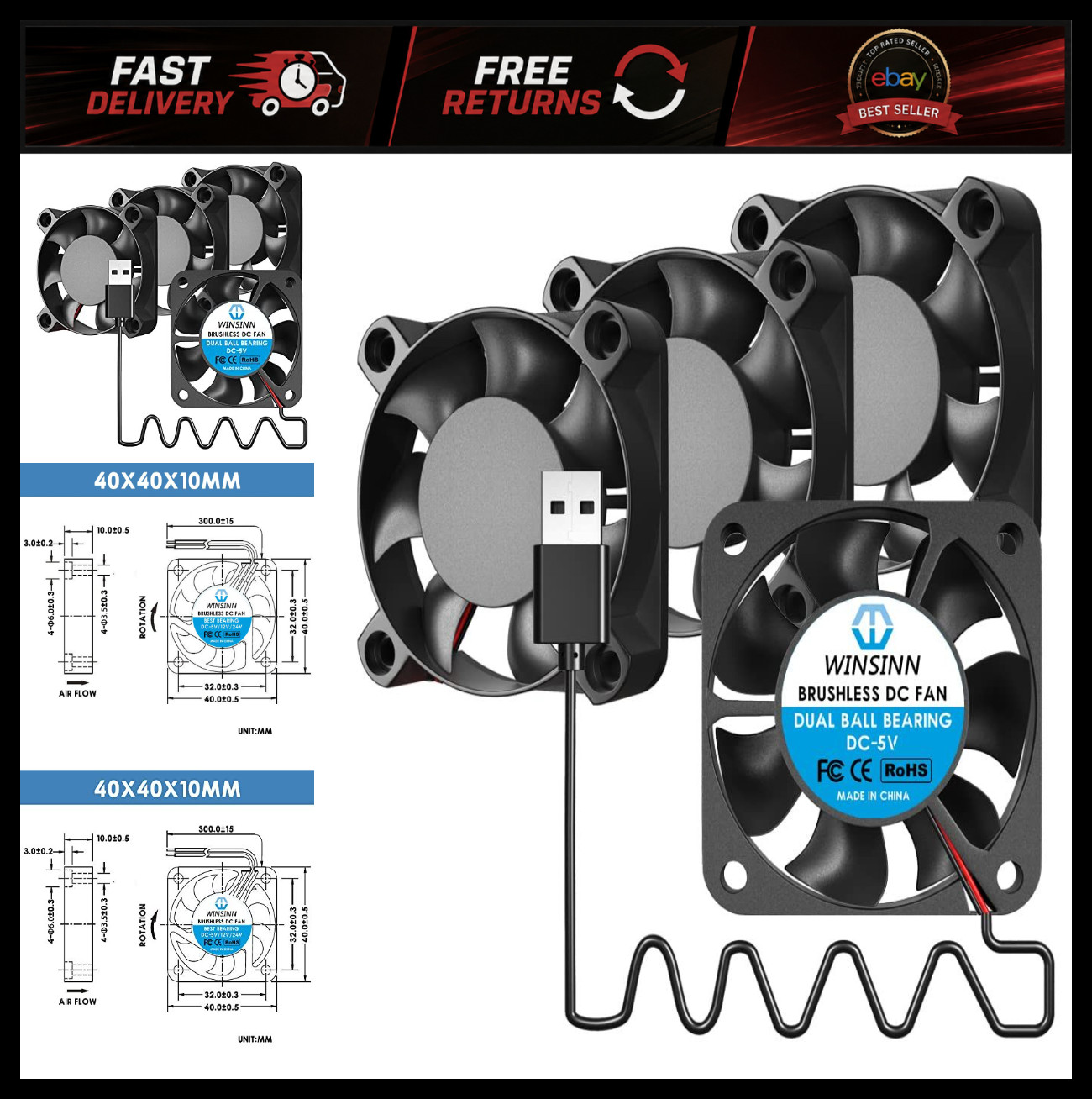 40mm 5V USB Cooling Fan - Dual Ball Bearing 5000 RPM for PC, CCTV, Power Bank