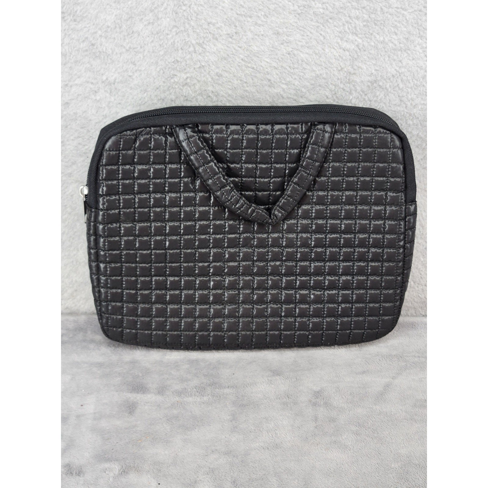Black Quilted Nylon Padded Laptop Sleeve Case Tech Bag with Handles 11x8.5in