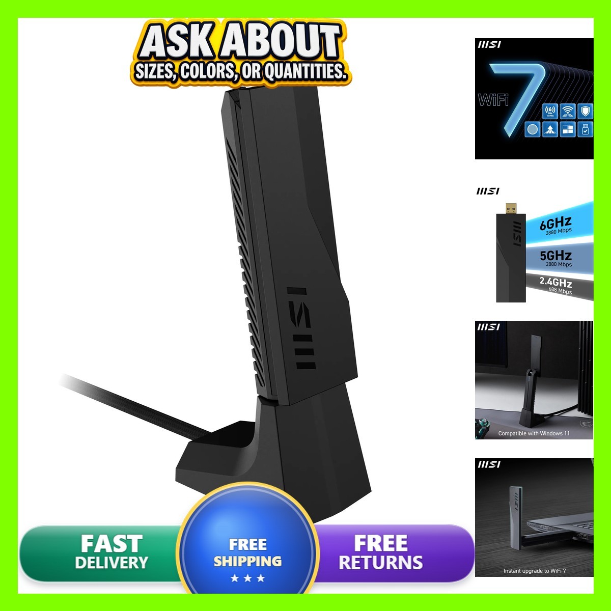 MSI BE6500 WiFi 7 USB Adapter 2880 Mbps USB 3.2 Tri-Band Antennas Cradle