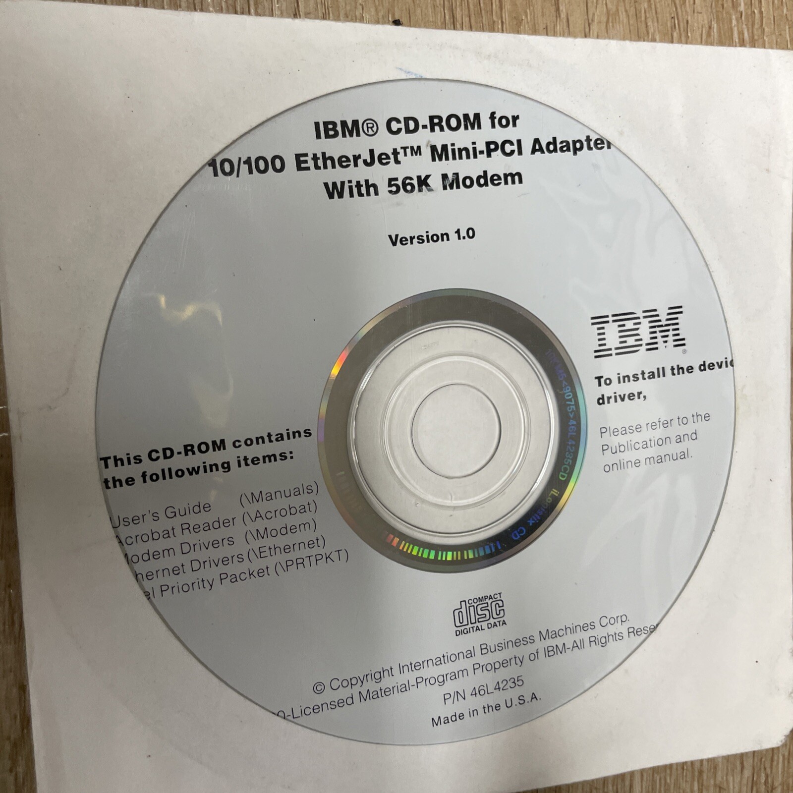 IBM 10/100 EtherJet Mini-pci Adapter W 56k Modem Version 1.0 Software