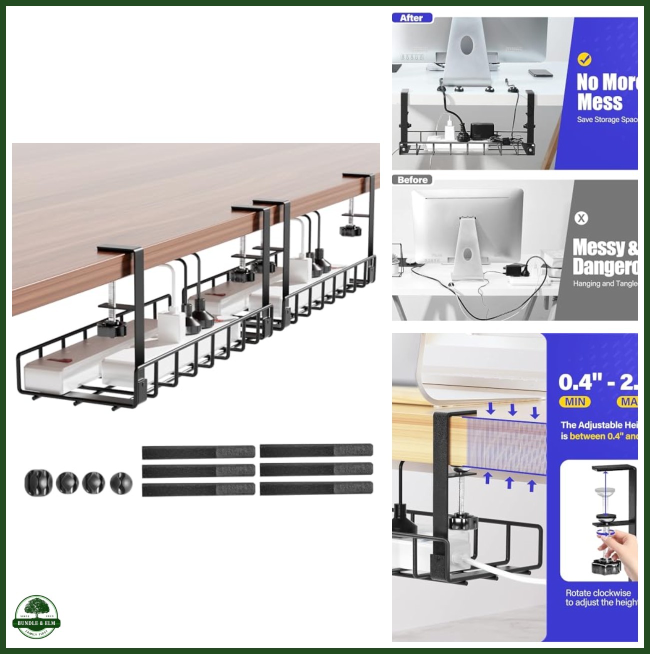 Under Desk Cable Management Tray 2 Pack No-Screw Clamps Wire Organizer Black