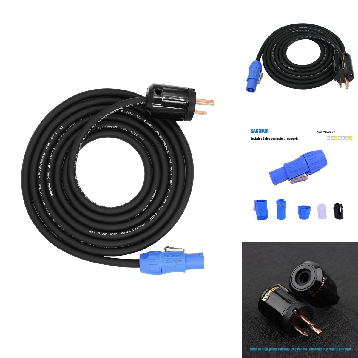 Toronce 14 AWG Male NEMA5-15P to SACFCA PowerCon Cable 25FT