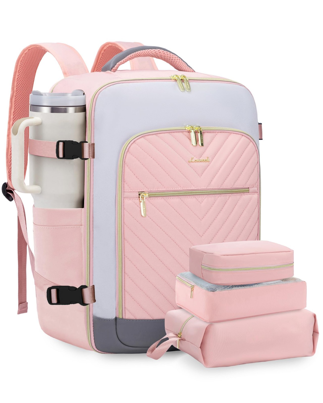 LOVEVOOK Large Travel Backpack for 40L-4Pcs, Pink - Pale Grey - Dark