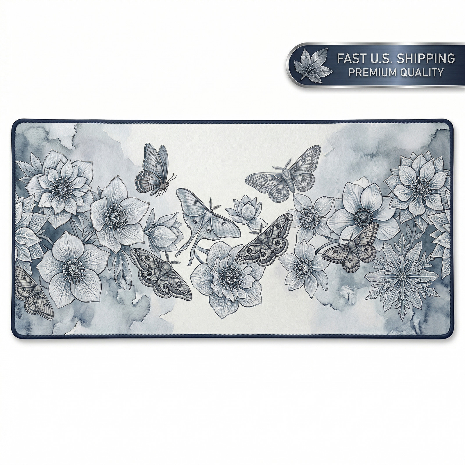 Gothic Moth Botanical Gaming Mouse Pad XXL Extended Desk Mat 36x18 Winter Floral