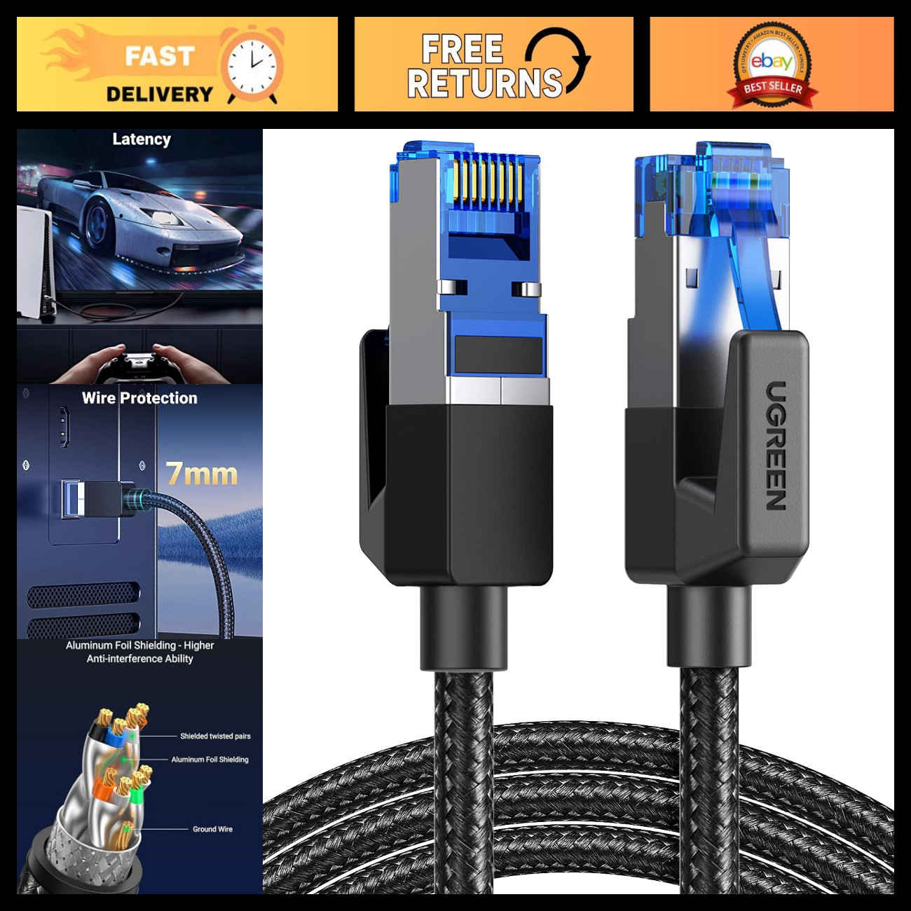High-Speed Cat 8 Ethernet Cable 50FT, 40Gbps 2000MHz LAN Cord for Gaming, PS5, X