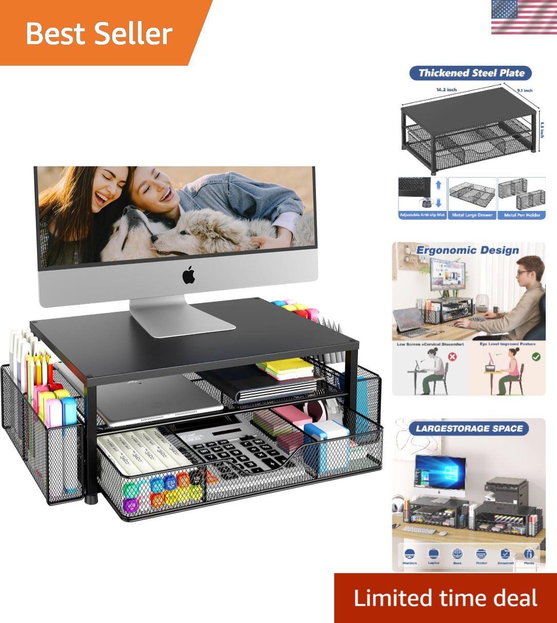 Durable Black 2-Tier Monitor Riser & Desk Organizer for Workspace Elegance