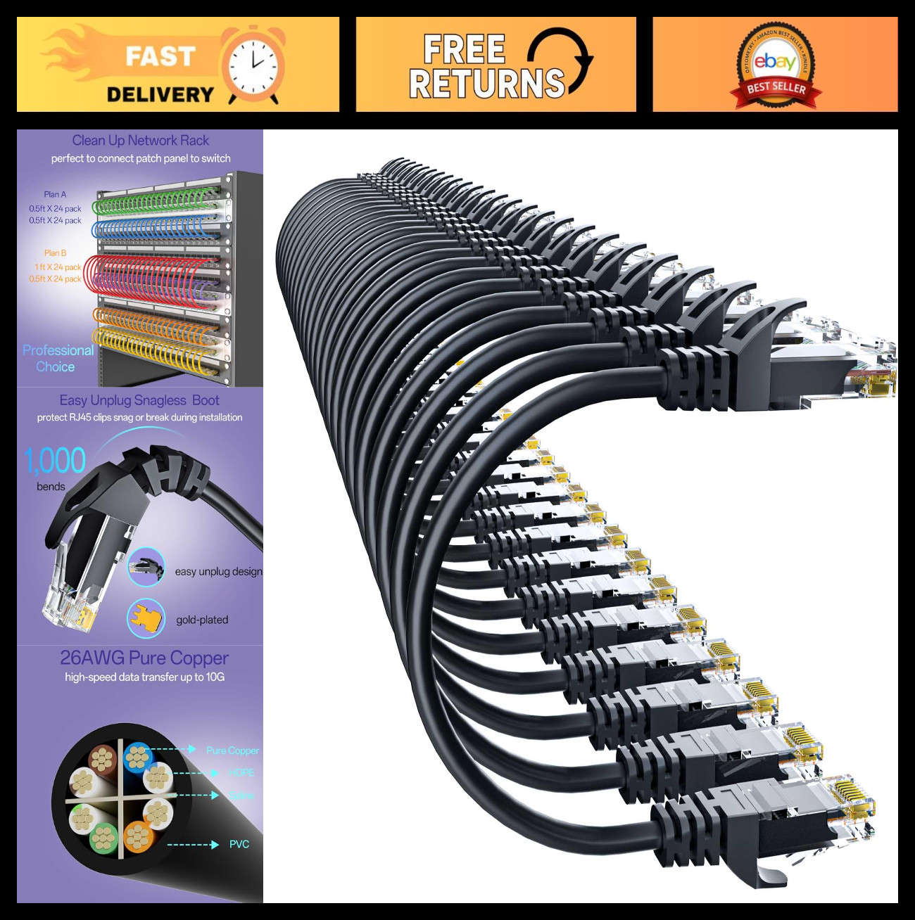 High-Speed Cat 6 Ethernet Cable 6FT - 24 Pack, 10Gbps UTP Pure Copper Network Ca