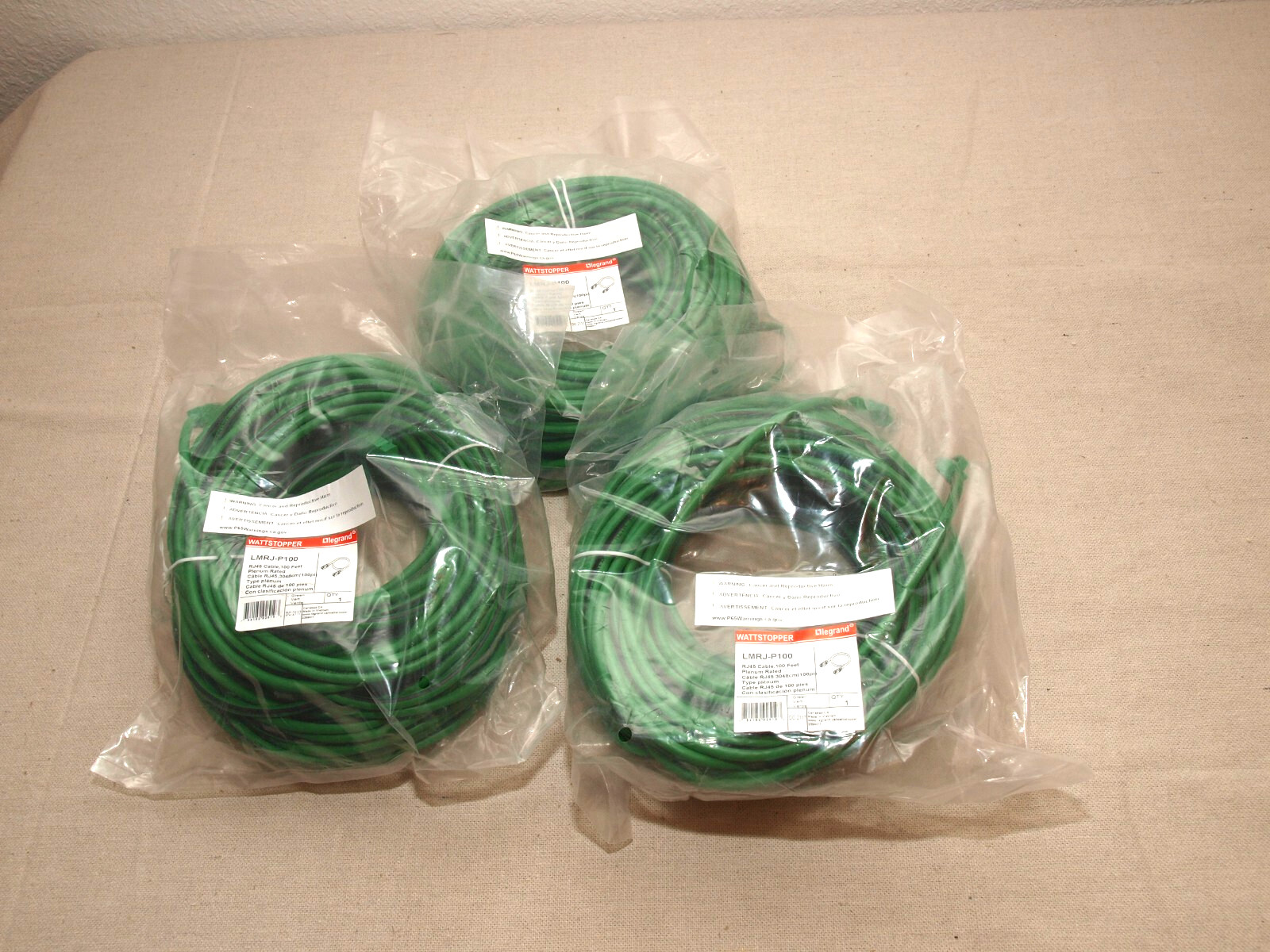 WattStopper LMRJ-P100 RJ45 Patch Cable 100ft 24 AWG CMP Green/Black – 3 pieces