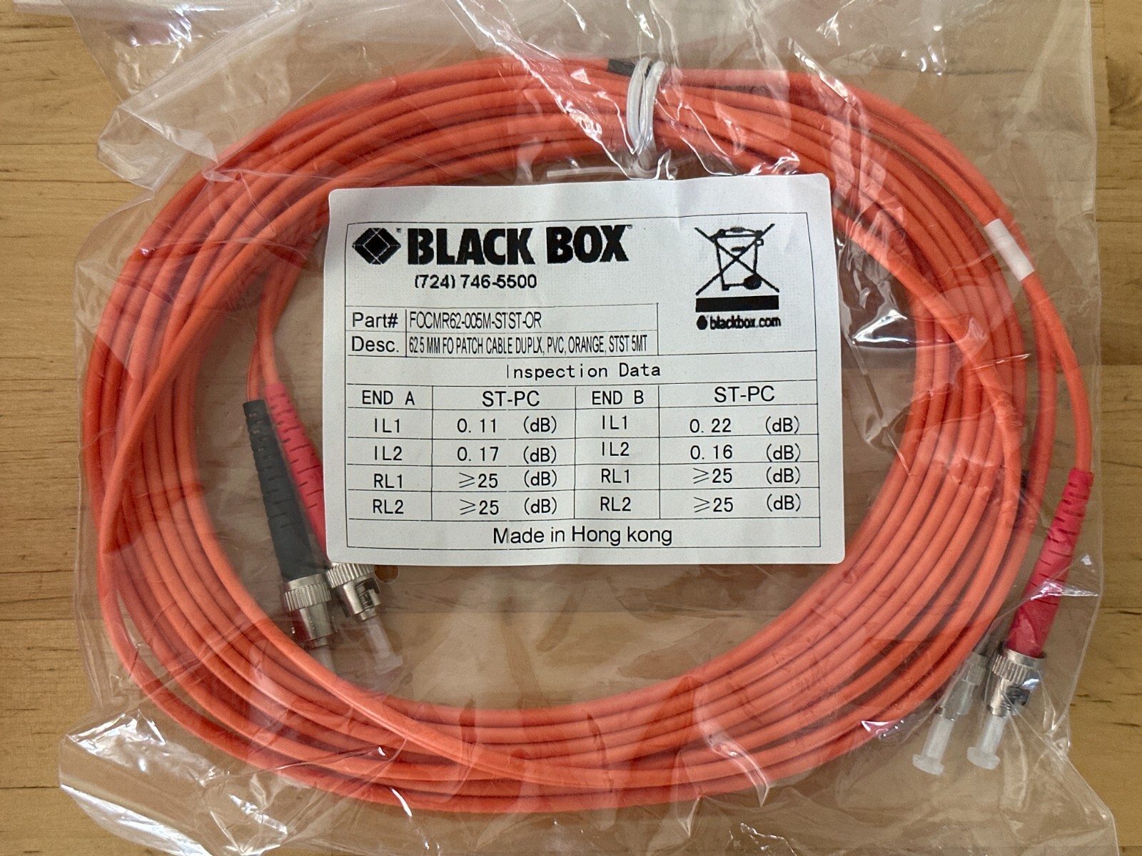 Black Box Fiber Patch Cable FOCMR62-005M-STST-OR 62.5 MM FO Duplex STST 5MT ORNG