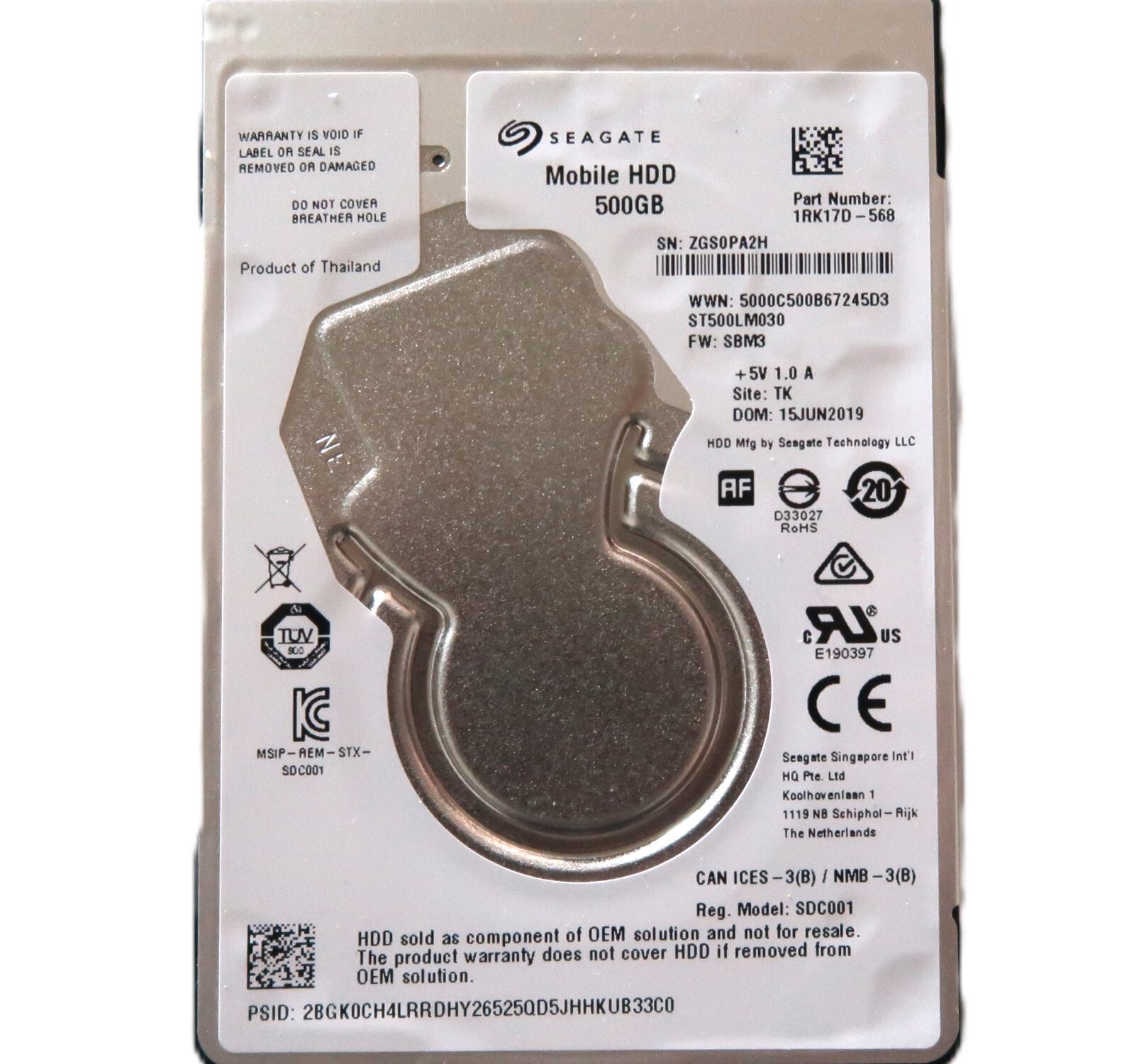 Seagate ST500LM030 PN: 1RK17D-568 FW:SBM3 (ZGS) TK Thailand 2.5" 500gb 2019 HDD