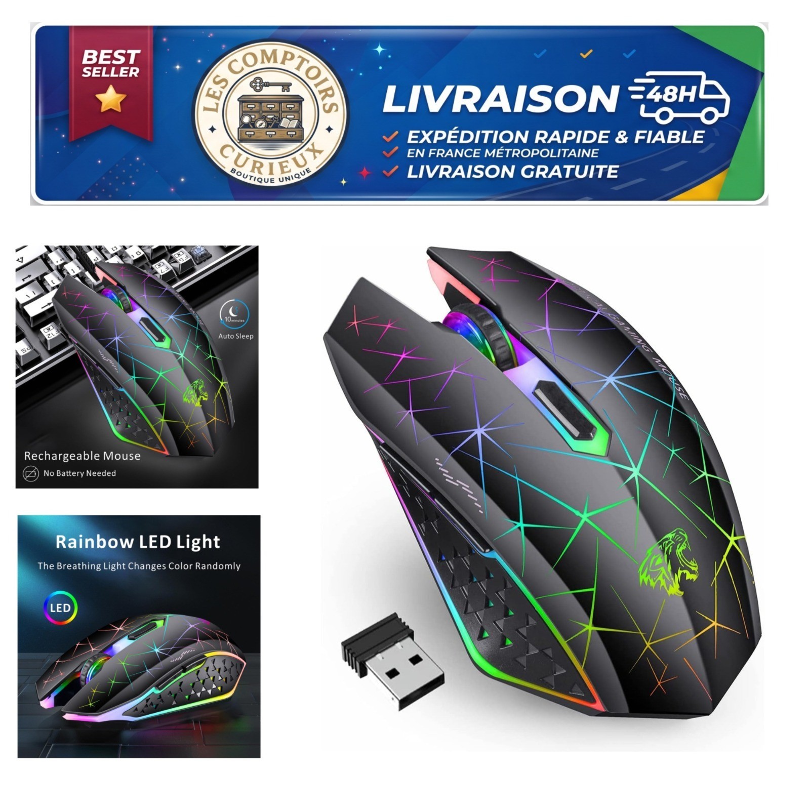 TENMOS V7 Wireless Gaming Mouse Rechargeable Silent LED Black