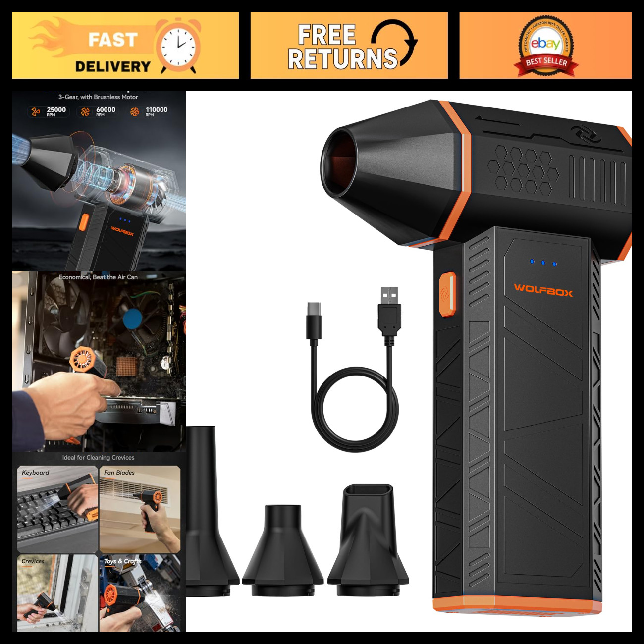 High-Power Compressed Air Duster, 110,000 RPM, 3-Gear Adjustable, MegaFlow 50