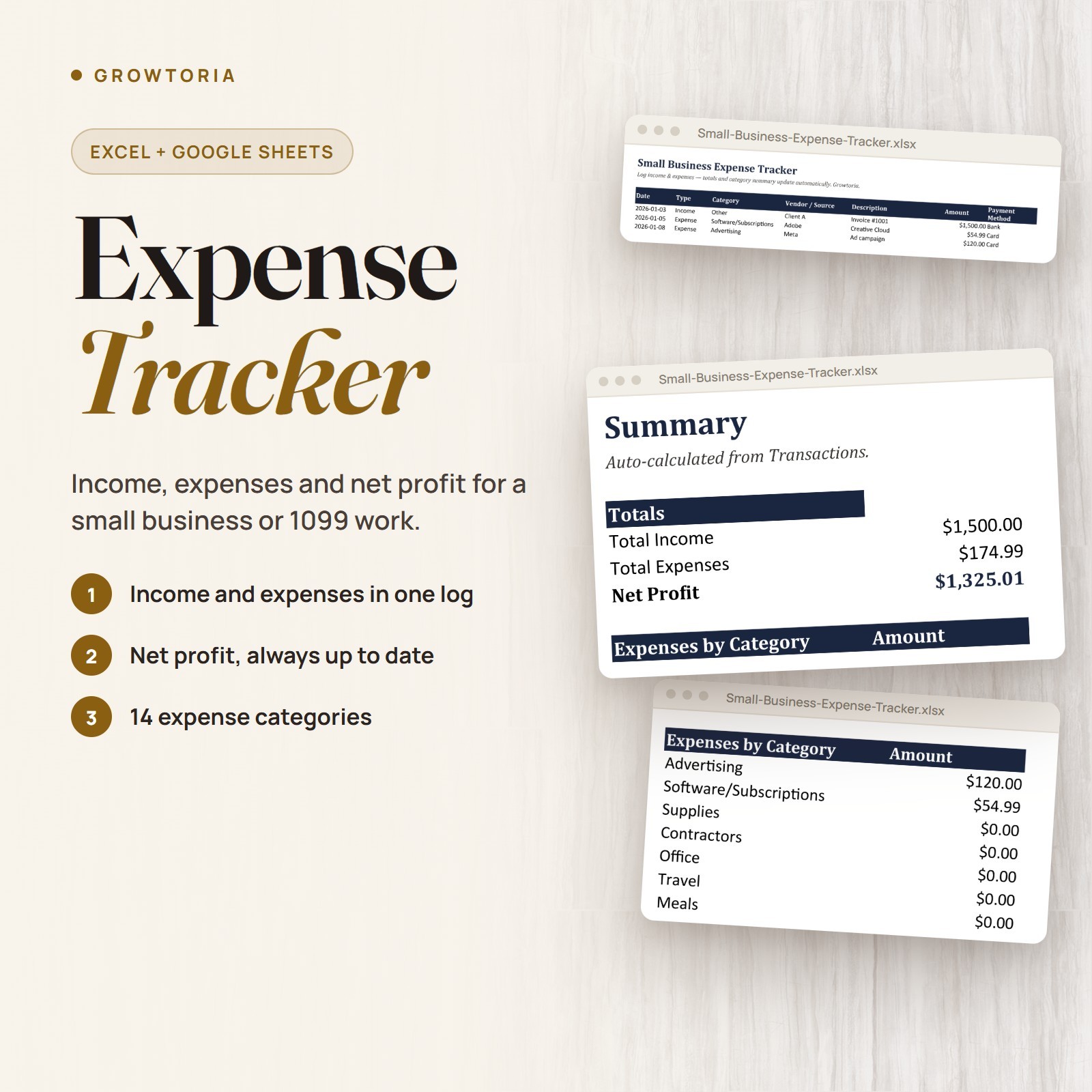 Small Business Expense Tracker Spreadsheet Excel Google Sheets Bookkeeping 1099