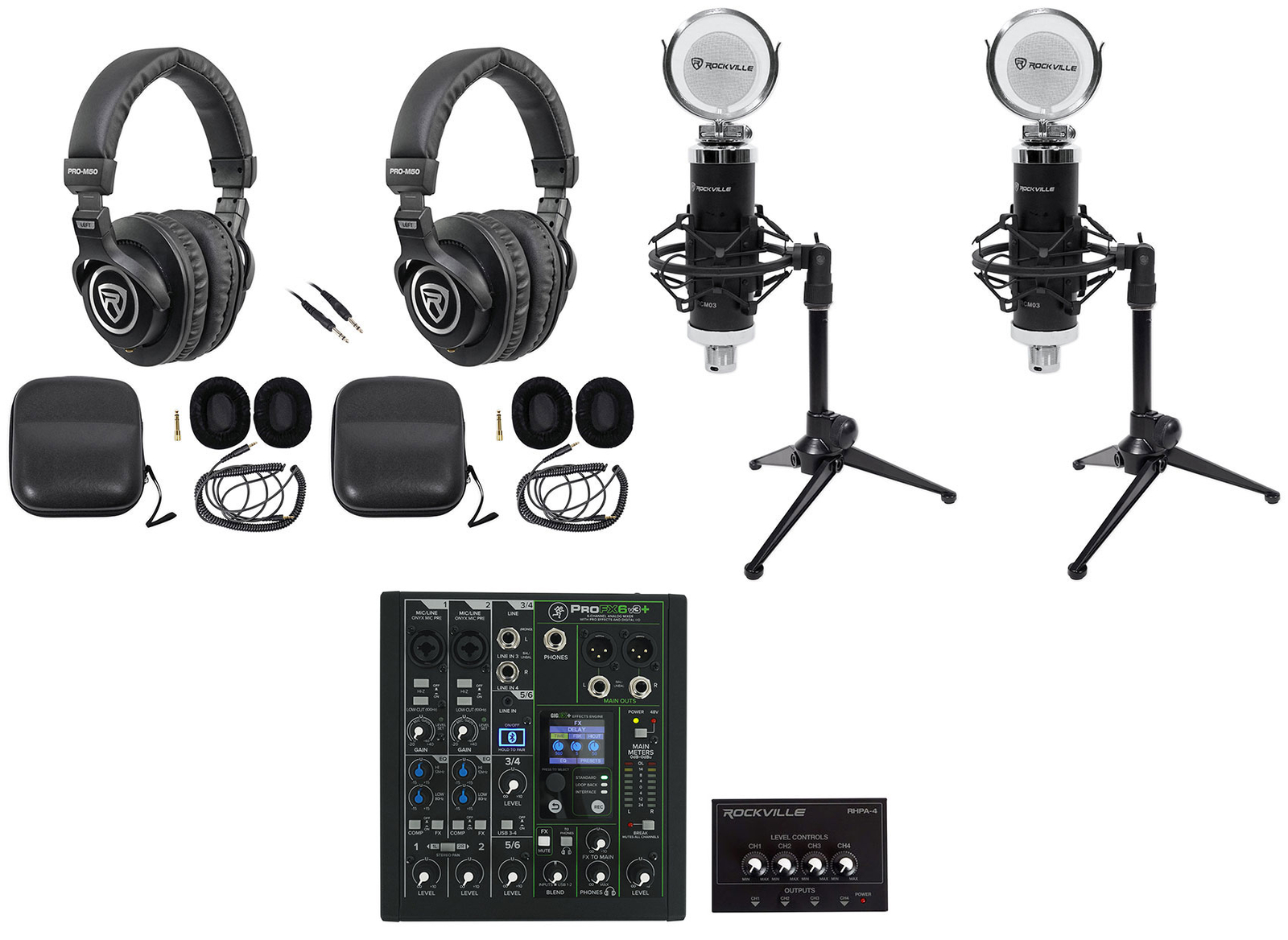 2-Person Podcast Podcasting Recording Kit w/Mackie ProFX6 v3+ Mixer+Desk Stands