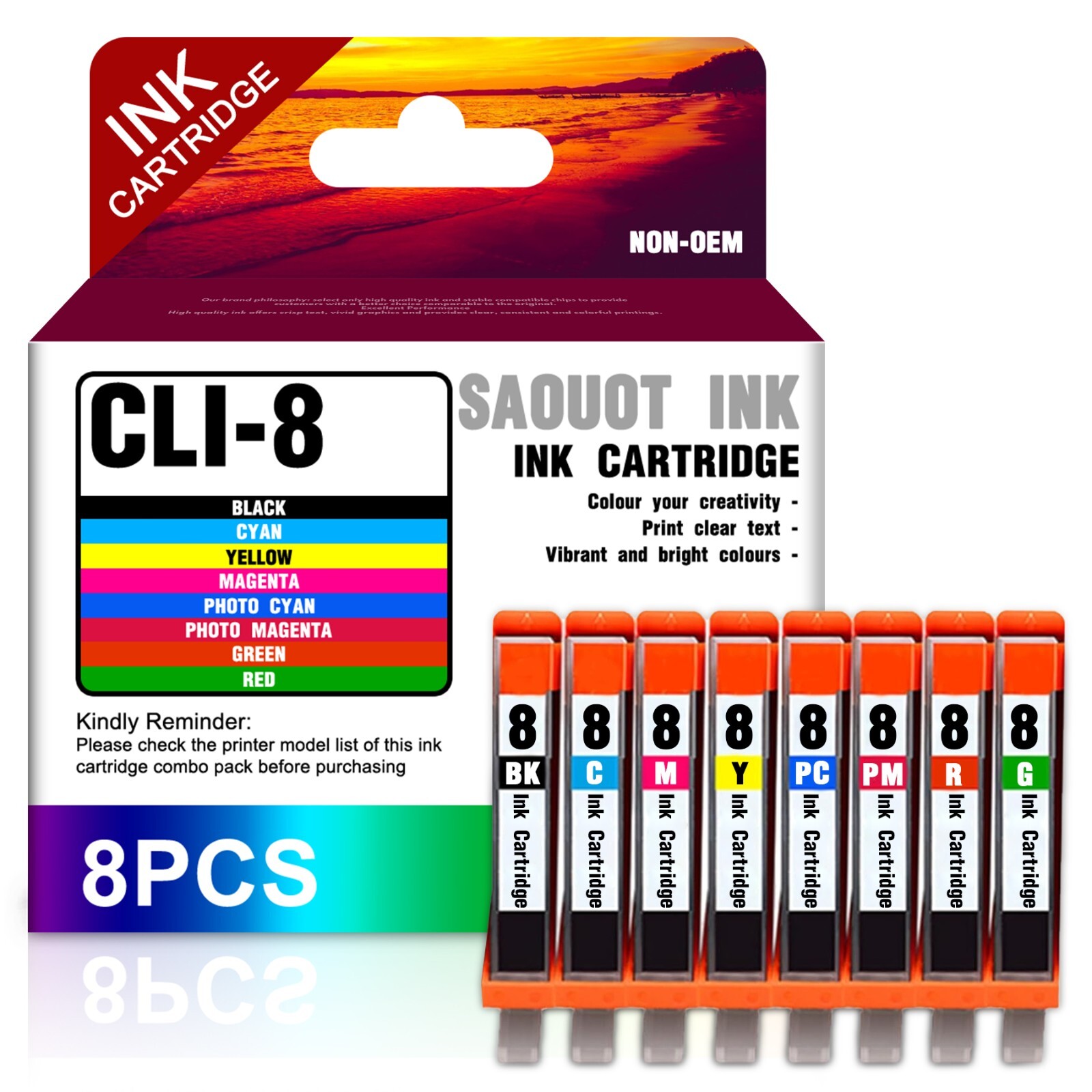 Replacement CLI-8 8-Color Ink for Canon Pixma iP450 iP5200 Mark II (8-Pack)