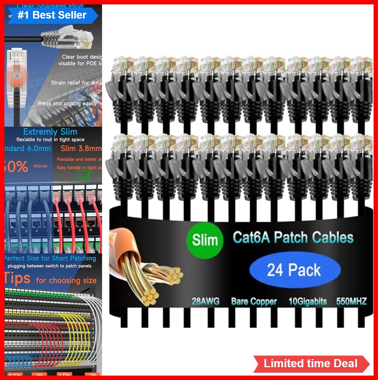 Cat6a Slim Ethernet Patch Cable 6 ft 24 Pack 28 AWG 10G RJ45 PoE Snagless Black
