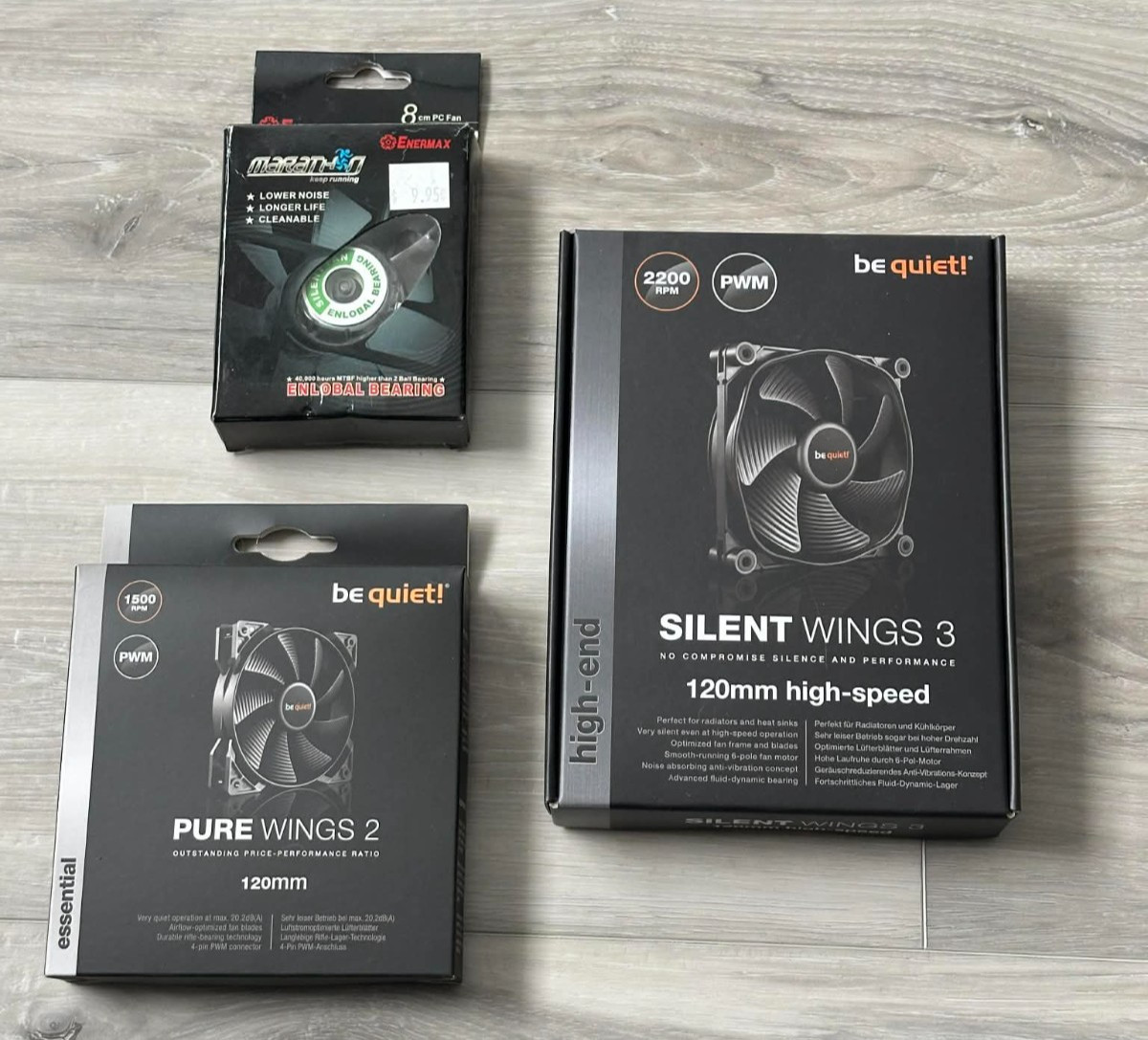 Lot of 3 New Computer Fans Sizes 1x80mm 2x120mm, Marathon and Be Quiet