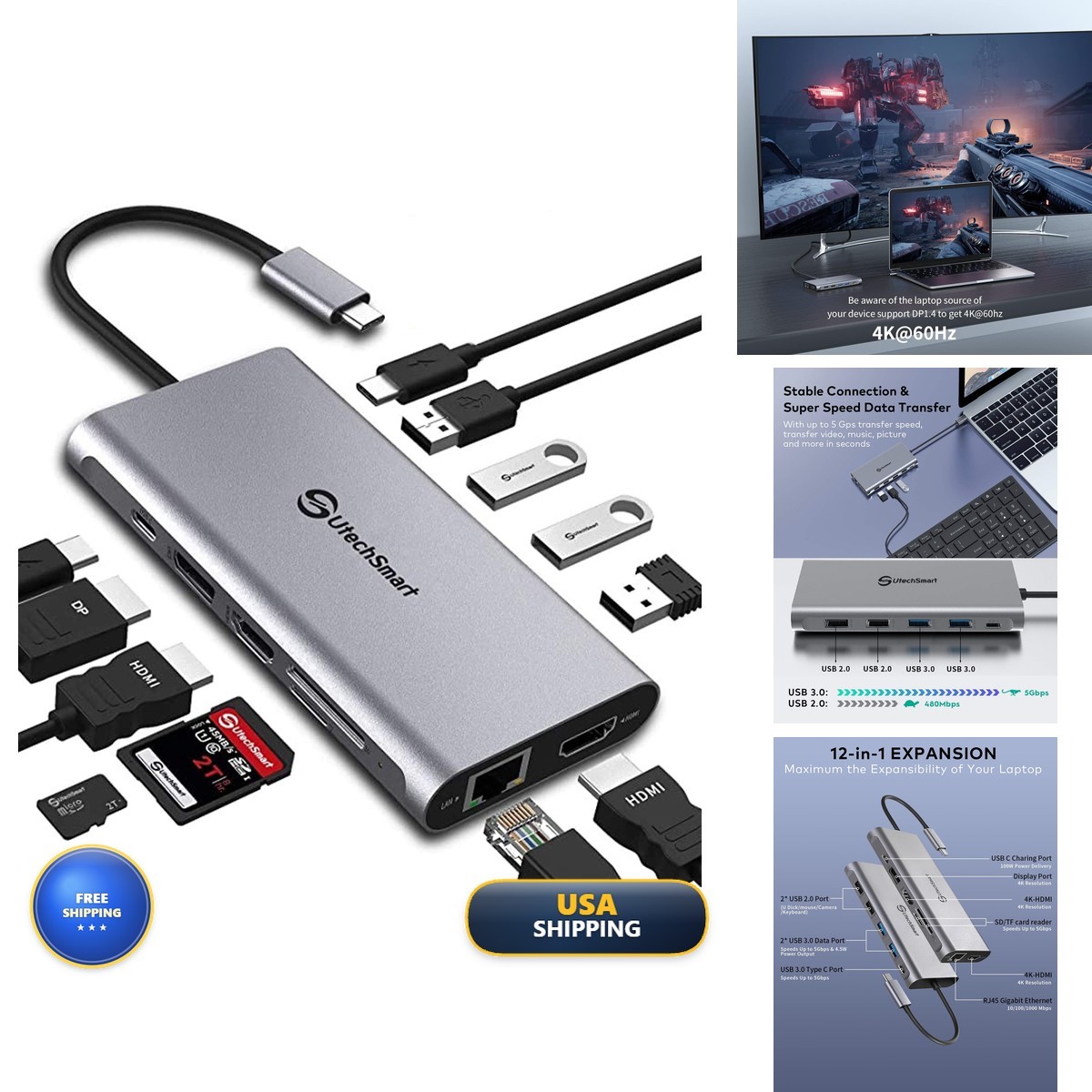 UtechSmart 12 in 1 USB C Docking Station Triple Display